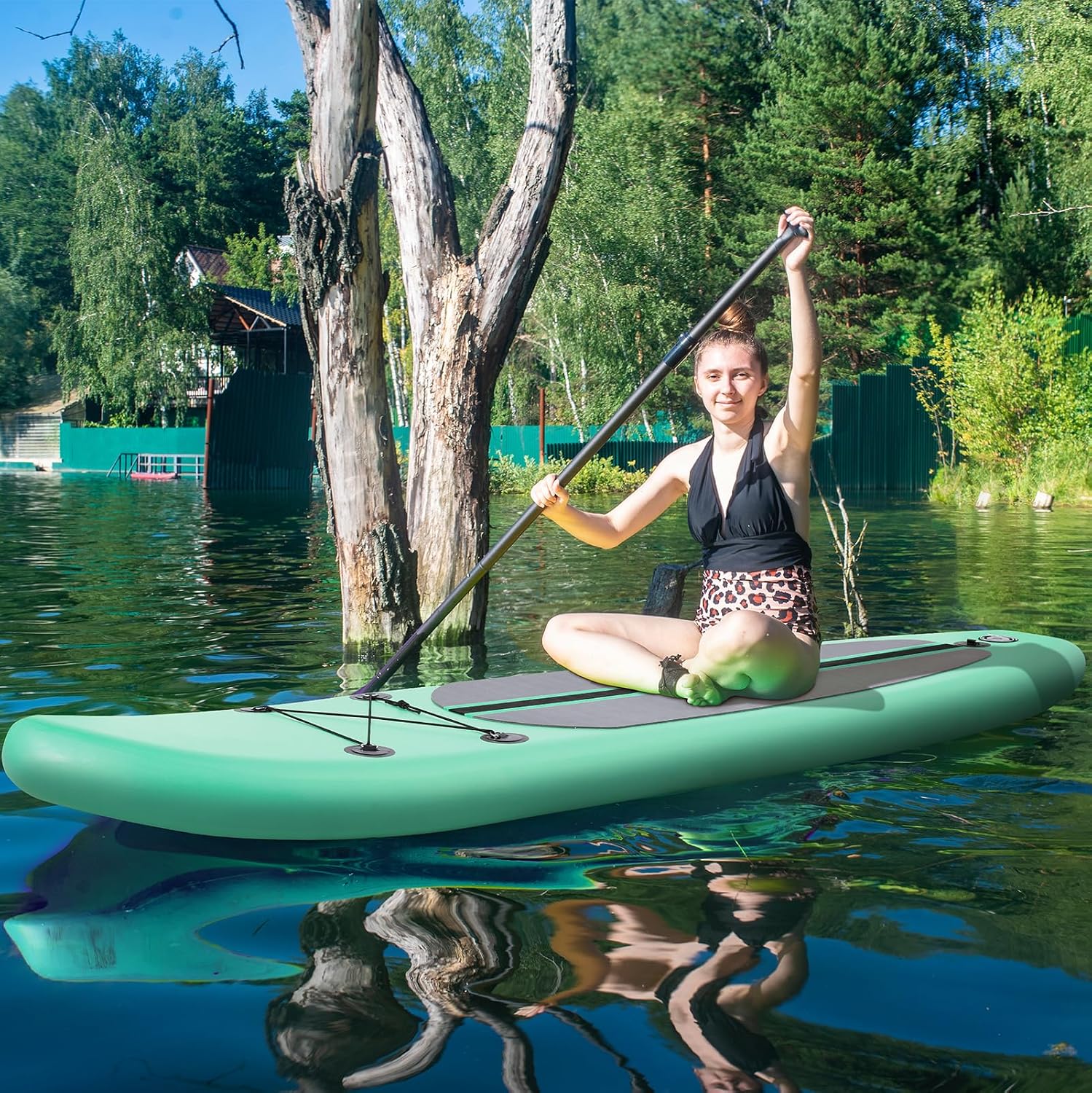 TLSUNNY 11FT Inflatable Stand Up Paddle Board, 3 Fins Paddleboard with Full SUP Accessories for All Skill Levels, Portable Two-Way Hand Pump and Carry Bag, 400LBS