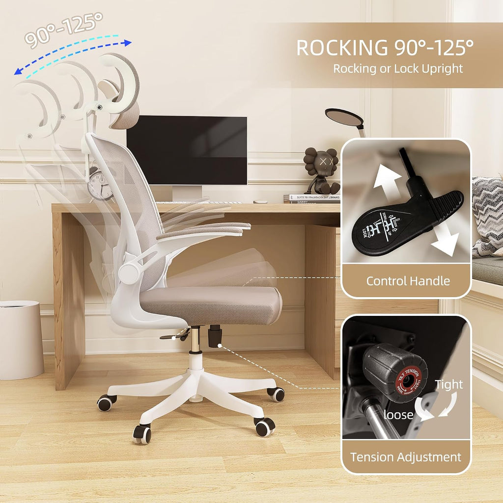 Monhey Ergonomic Office Chair, 90°-125° Tilt Back Home Desk Chair with 360° Swivel & Mute Wheels, High Back Mesh Computer Chair for Adults with Lumbar Support, 330 LBS Capacity (04White+Khaki)