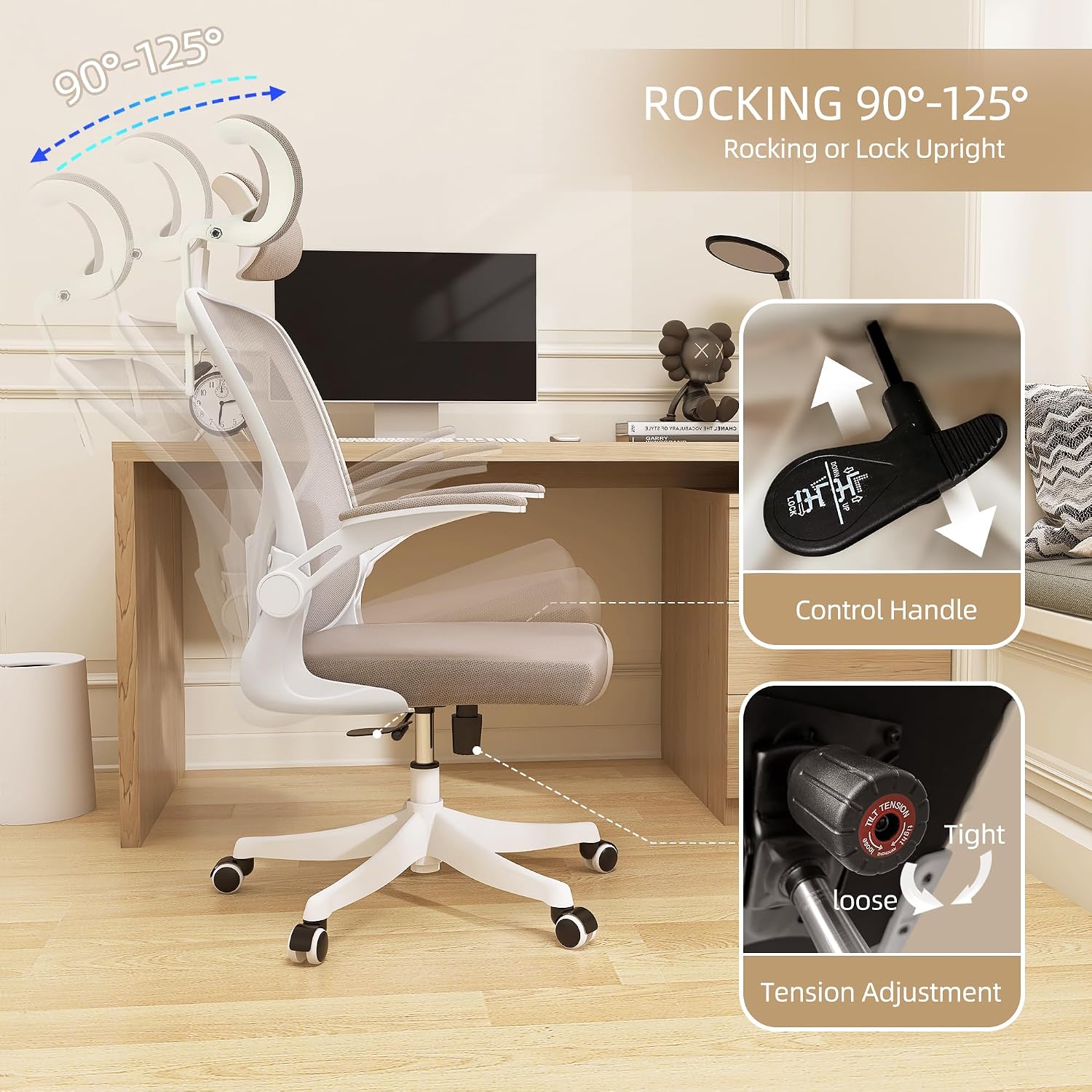 Monhey Ergonomic Office Chair, 90°-125° Tilt Back Home Desk Chair with 360° Swivel & Mute Wheels, High Back Mesh Computer Chair for Adults with Lumbar Support, 330 LBS Capacity (04White+Khaki)