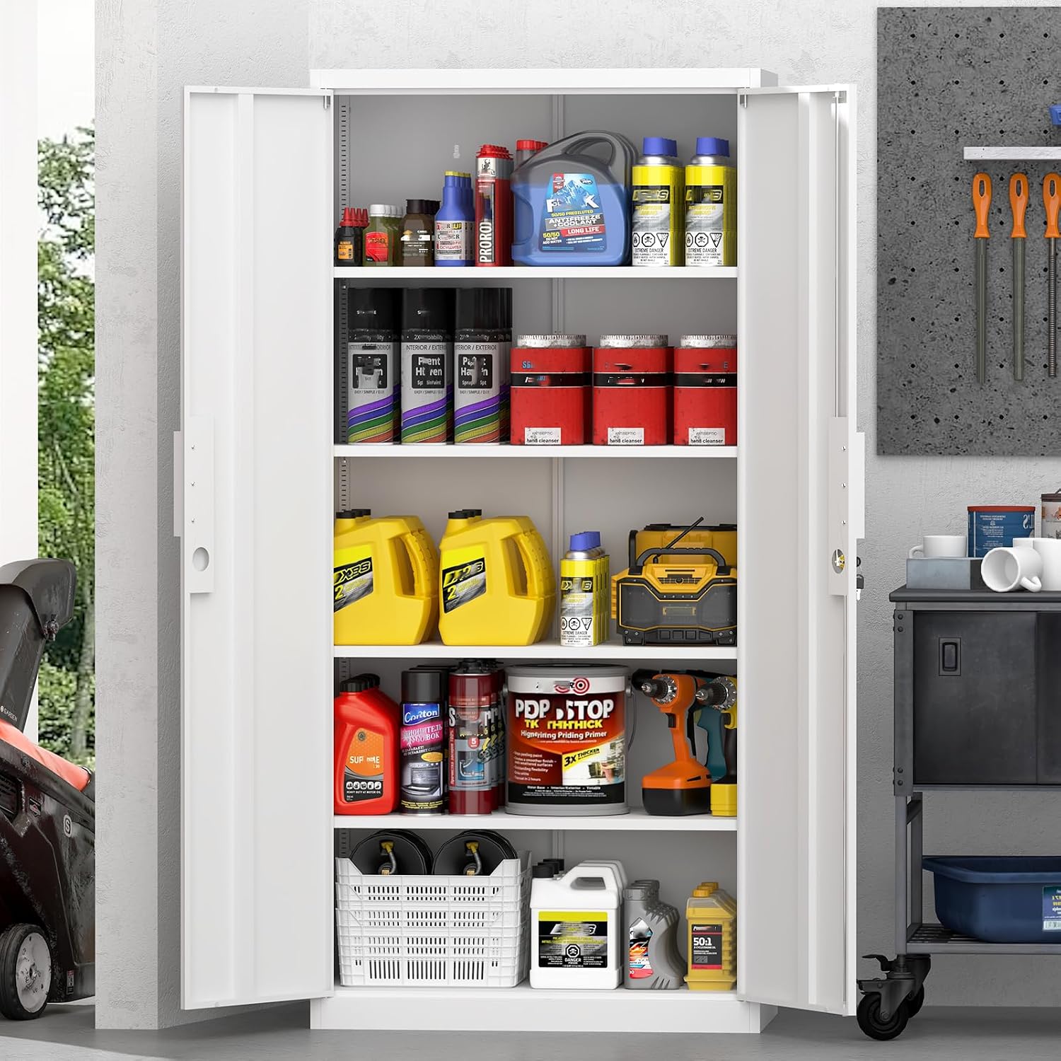 IRONFFICE Metal Locking Cabinet,Metal Storage Cabinet with Doors and Shelves,Tall White Cabinets for Home Office,Garage,Warehouse