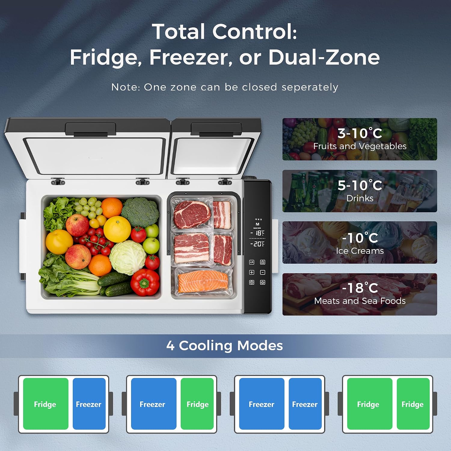 Feelfunn 12 Volt Refrigerator 55QT(52L), Dual-Zone Car Fridge Freezer with Wheels, -4°F to 68°F Electric Cooler with Fast Cooling & APP Control, 12/24V DC 100-240V AC for Camping RV Truck SUV, Black