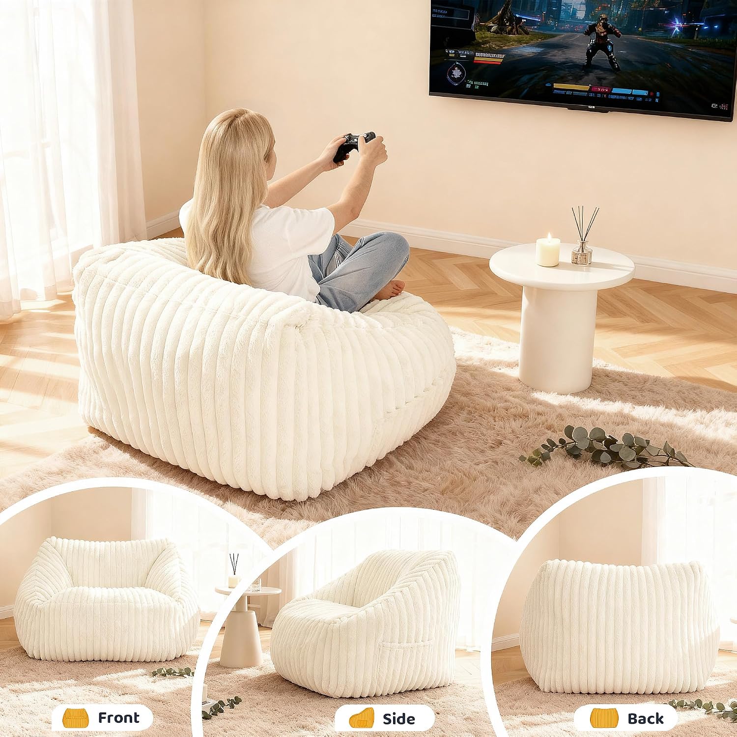 HABUTWAY Bean Bag Chair, Giant Bean Bag Chairs for Adults and Kids, Bean Bag Sofa, Lazy Floor Sofa, Faux Fur Beanbag Chair with Armrests for Living Room Bedroom (Beige)