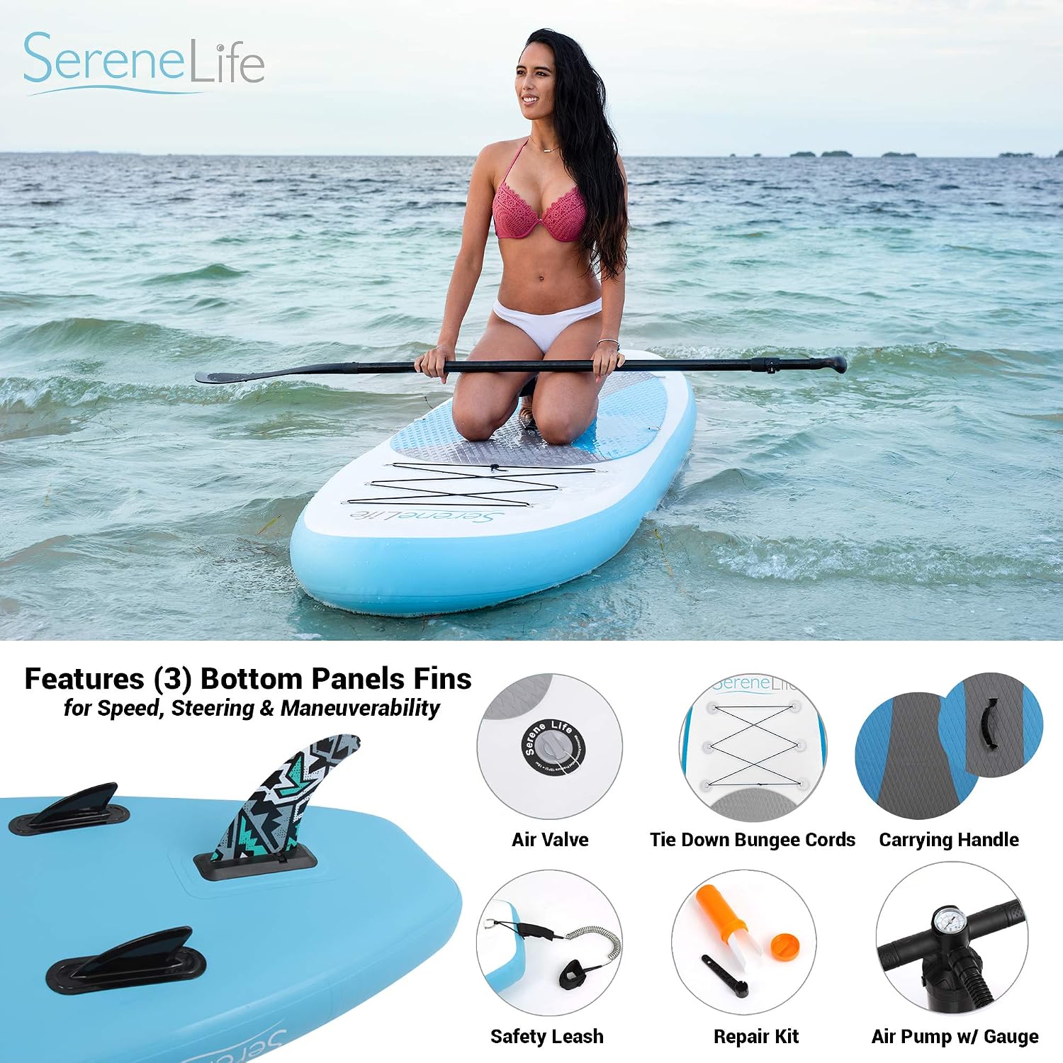 SereneLife 10' Inflatable Stand Up Paddle Board 2-Pack with Premium SUP Accessories – 32' Wide Stable Design with Non-Slip EVA Deck Pad for Youth and Adults, 350 lbs. Capacity Each