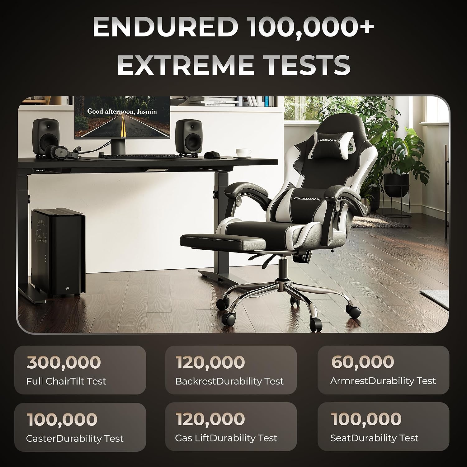 Gaming Chair with Footrest & Massage Lumbar, Ergonomic Computer Chair 330lbs with Headrest Pillow for Office, Home, Streaming and Long Gaming Sessions, White