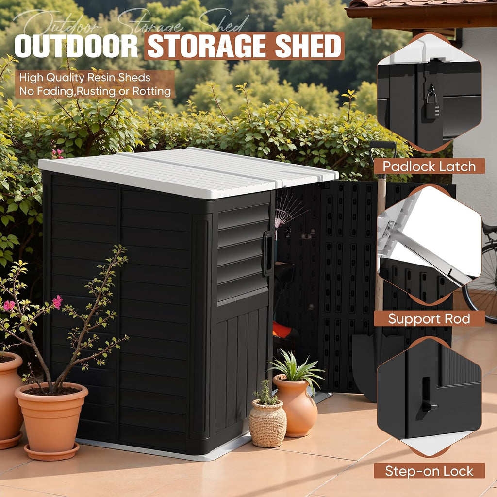 TUOZE 34 Cu Ft Resin Storage Shed with 2 Shelves, Waterproof Outdoor Storage Cabinet with Sloping Roof & Lockable Lid for Garden Tools, Trash Cans (Black)