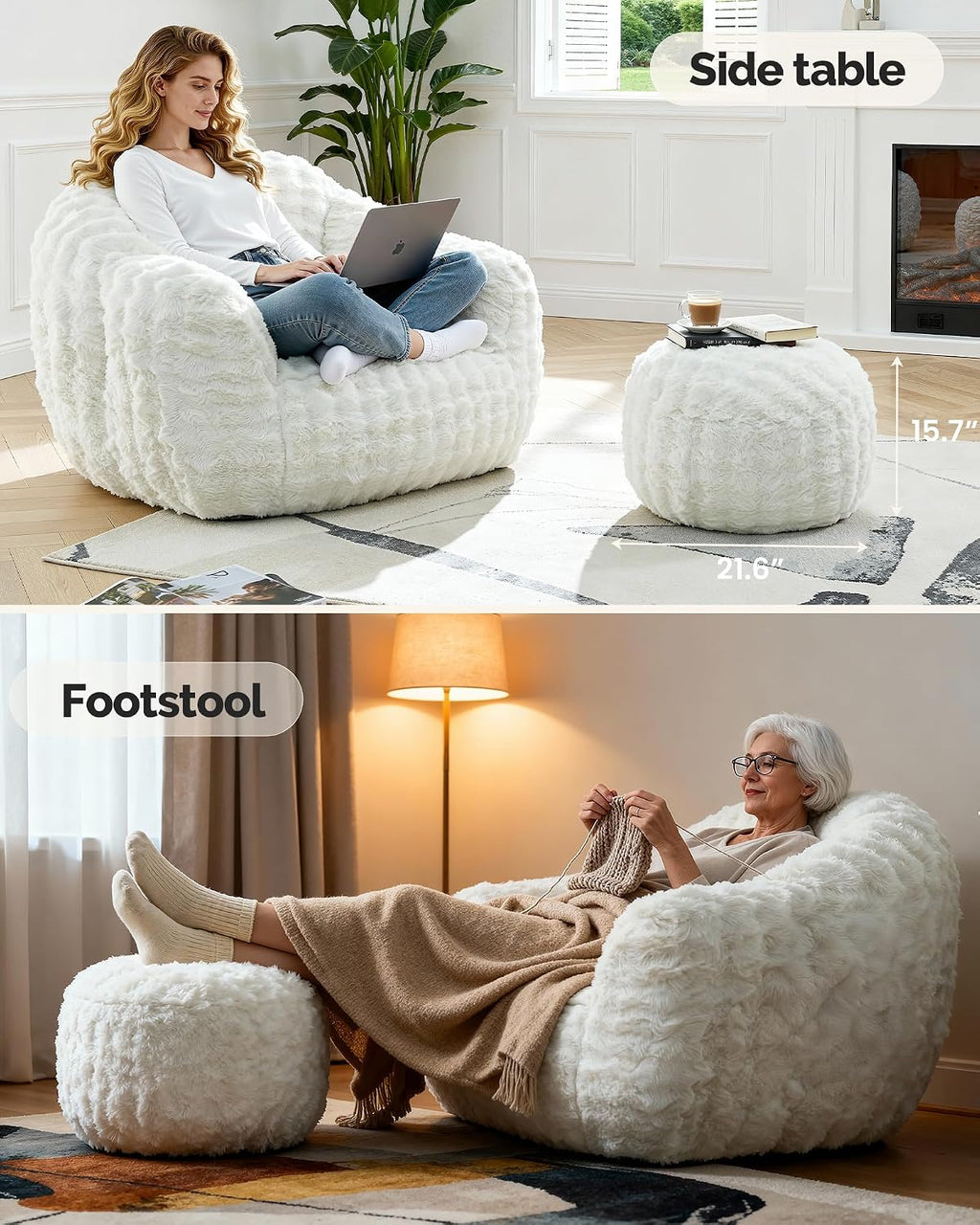 KINGYES Giant Bean Bag Chair with Ottoman, 3 in 1 Bean Bag Couch with Memory Foam Filler,Gaming Chair for Adults, Bean Bag for Kids & Teen, Beige