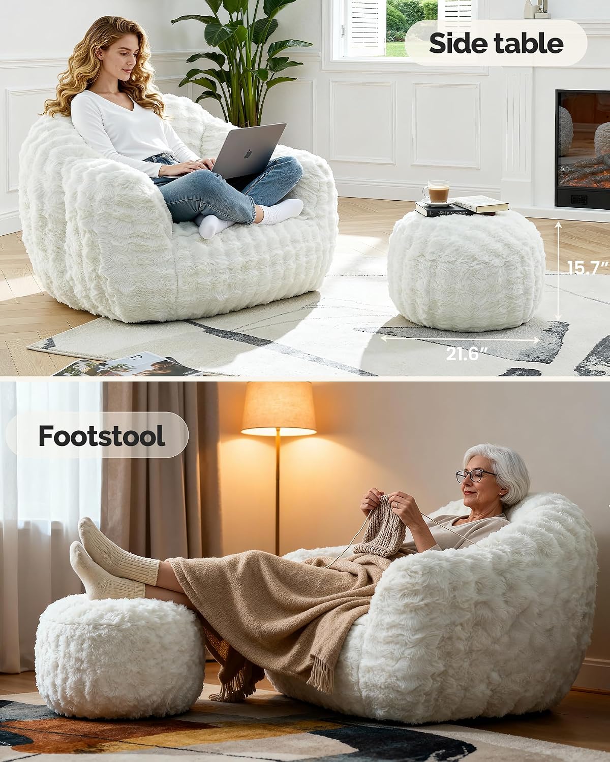 KINGYES Giant Bean Bag Chair with Ottoman, 3 in 1 Bean Bag Couch with Memory Foam Filler,Gaming Chair for Adults, Bean Bag for Kids & Teen, Beige