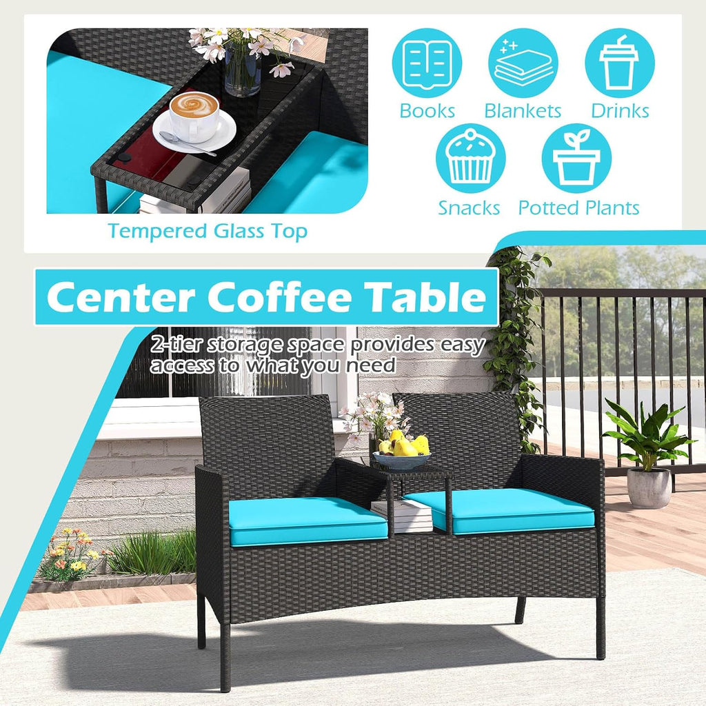 Tangkula Patio Loveseat with Built-in Table, Wicker 2-Seat Furniture with Soft Cushions & Tempered Glass Tabletop, Metal Frame Outdoor Conversation Seating Bench for Backyard, Porch