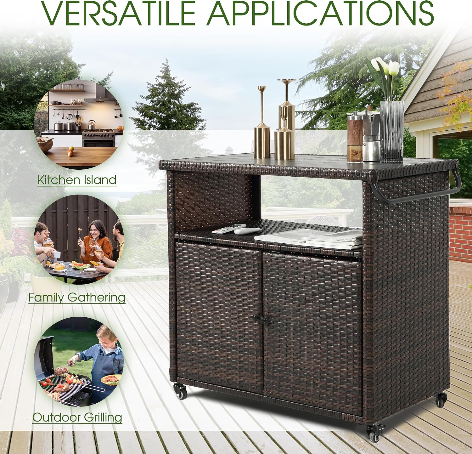 HOMEFUN Outdoor Bar Cart with Storage Cabinet - Outside Bar Table with Wheels Wicker Grill Carts Patio Kitchen Island Table Weatherproof Prep Stand, Brown