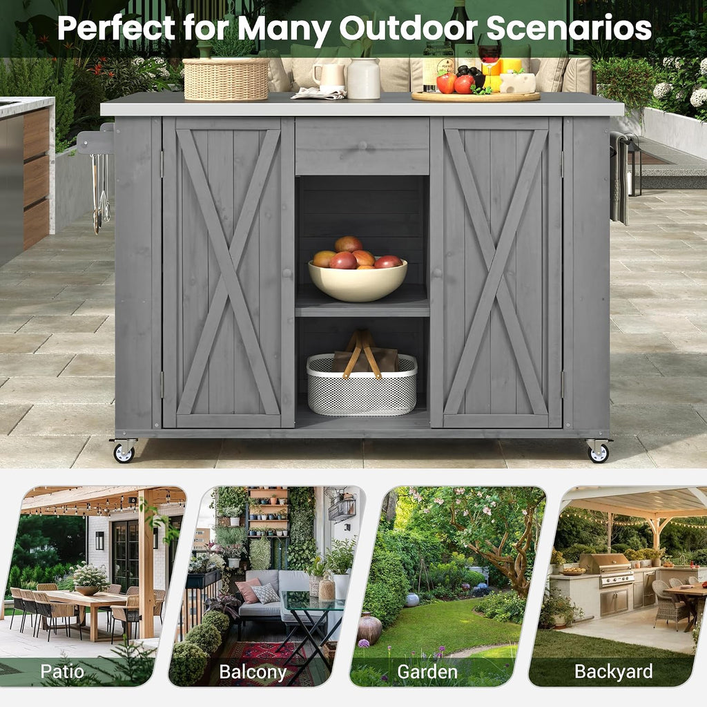 Merax XL Outdoor Table with Stainless Steel Top for Kitchen Prep and Storage Cabinet for Grilling Accessories, Outdoor Kitchen Island Grill Cart with Towel and Spice Racks & a Bottle Opener, Grey