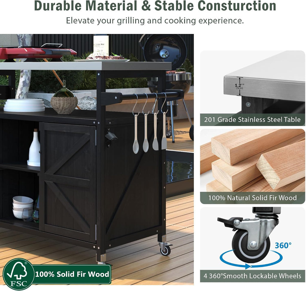 LUMISOL Outdoor Grill Table with Stainless Steel Top, Solid Wood Kitchen Island with Internal Storage Rack, Outdoor Storage Cabinet, Farmhouse Rolling Bar Cart with Spice & Towel Rack, Black