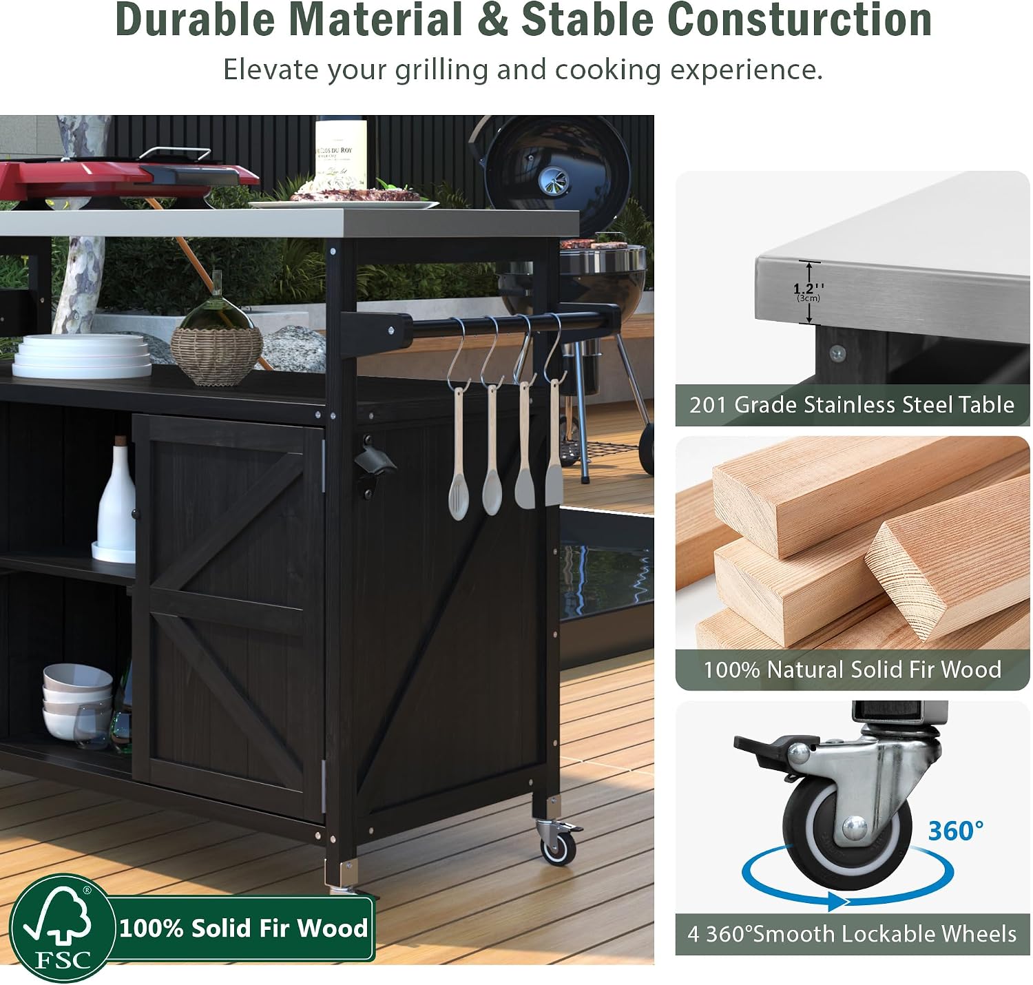 LUMISOL Outdoor Grill Table with Stainless Steel Top, Solid Wood Kitchen Island with Internal Storage Rack, Outdoor Storage Cabinet, Farmhouse Rolling Bar Cart with Spice & Towel Rack, Black