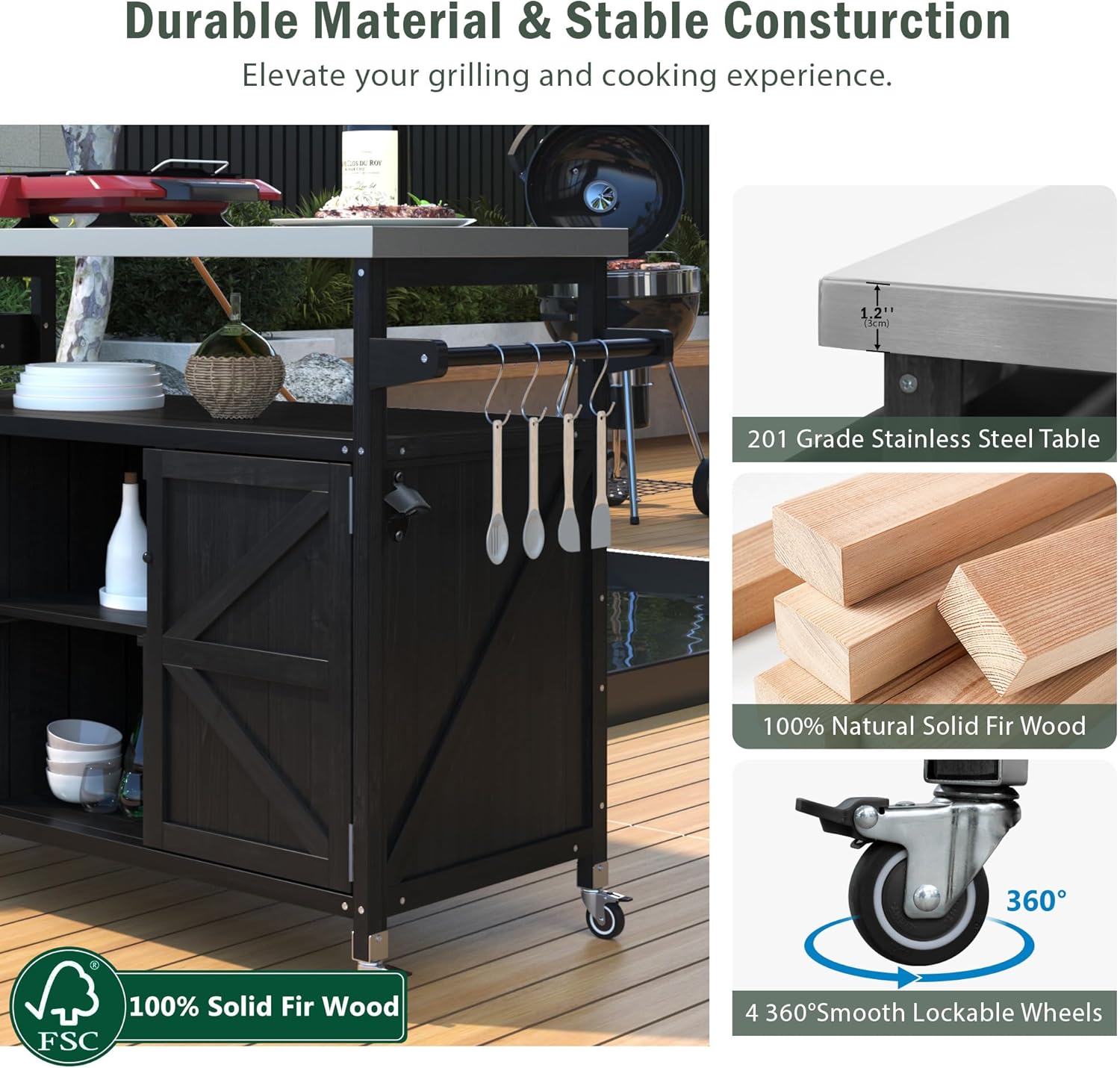 Outdoor Grill Cart with Storage, Farmhouse Outdoor Storage Cabinet with Stainless Steel Top, Wood Bar Patio Kitchen Island with Spice Rack, Towel Holder, Hooks & Locking Wheels for Patio BBQ(Black)
