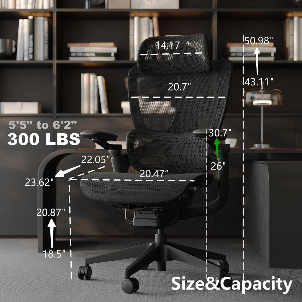 Ergonomic Office Chair, Big and Tall Home Desk Chair with Adjustable 3D Lumbar Support, 5D Armrest, 4D armrests, Mesh Computer Chair,90-130°Tilt, Model Zen (All Black)