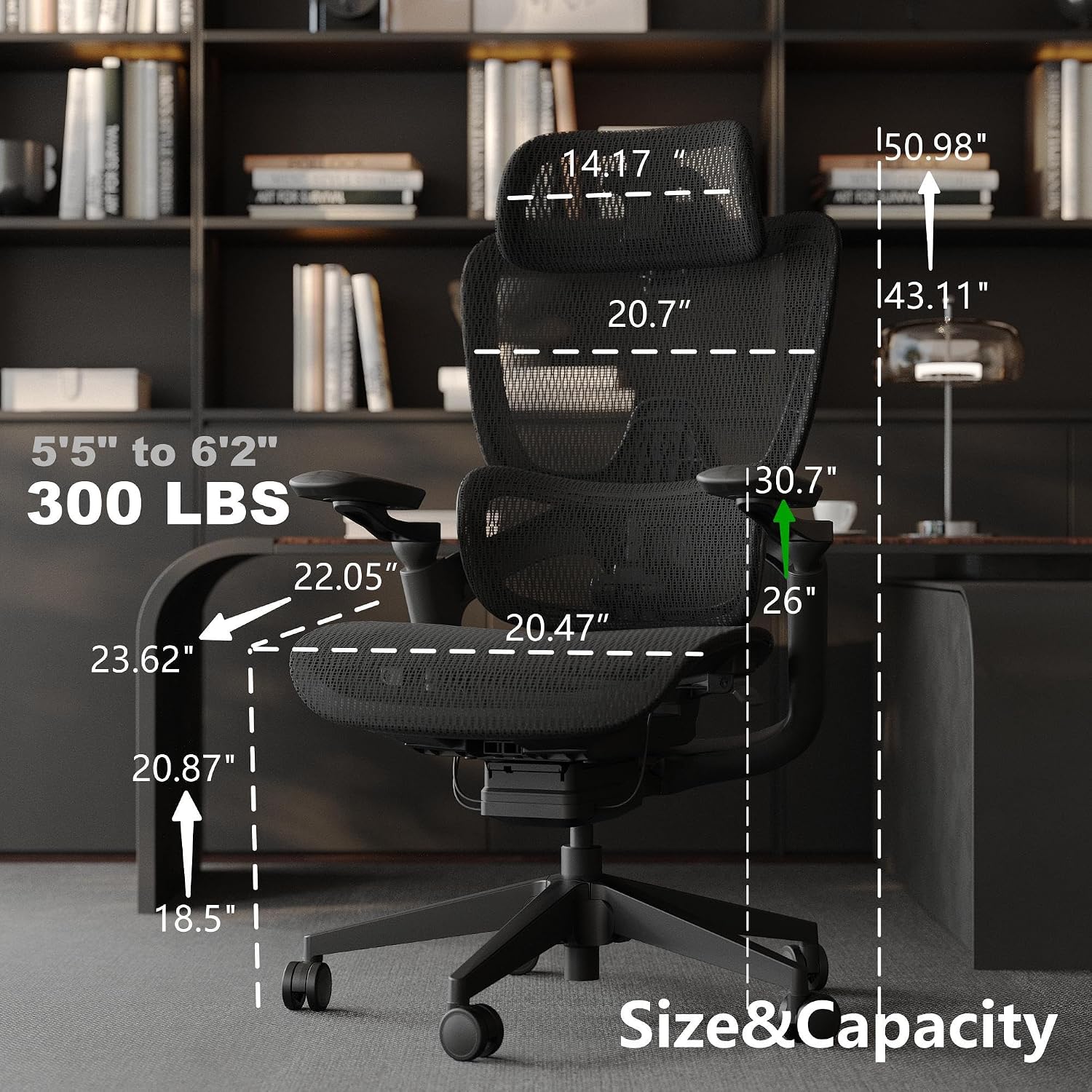 Ergonomic Office Chair, Big and Tall Home Desk Chair with Adjustable 3D Lumbar Support, 5D Armrest, 4D armrests, Mesh Computer Chair,90-130°Tilt, Model Zen (All Black)