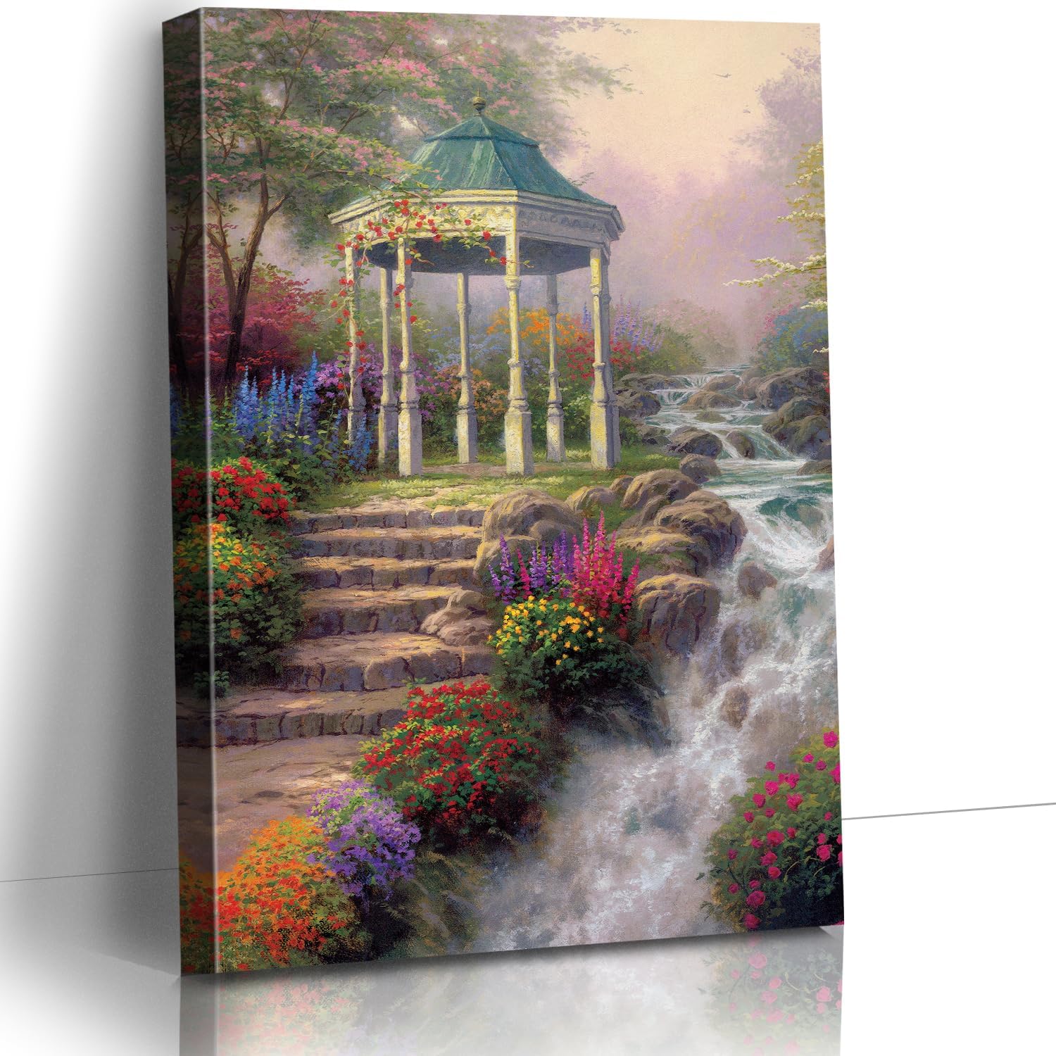 STUDIO HAVEN Thomas Kinkade Canvas Wall Art, Ornate Garden Pavilion Cascading Stream Colorful Wildflowers Oil Painting Poster Tranquil Nature Wall Decor, Framed Prints for Home Decor, 32x48Inch