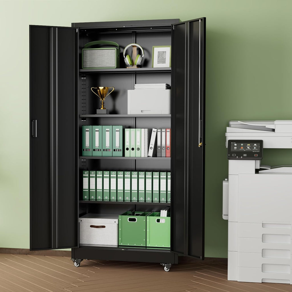 INTERGREAT Metal Storage Cabinet with Wheels, 73' H Rolling Metal Cabinets with Doors and Shelves, Black Steel Lockable Cabinet on Wheels for Garage Storage