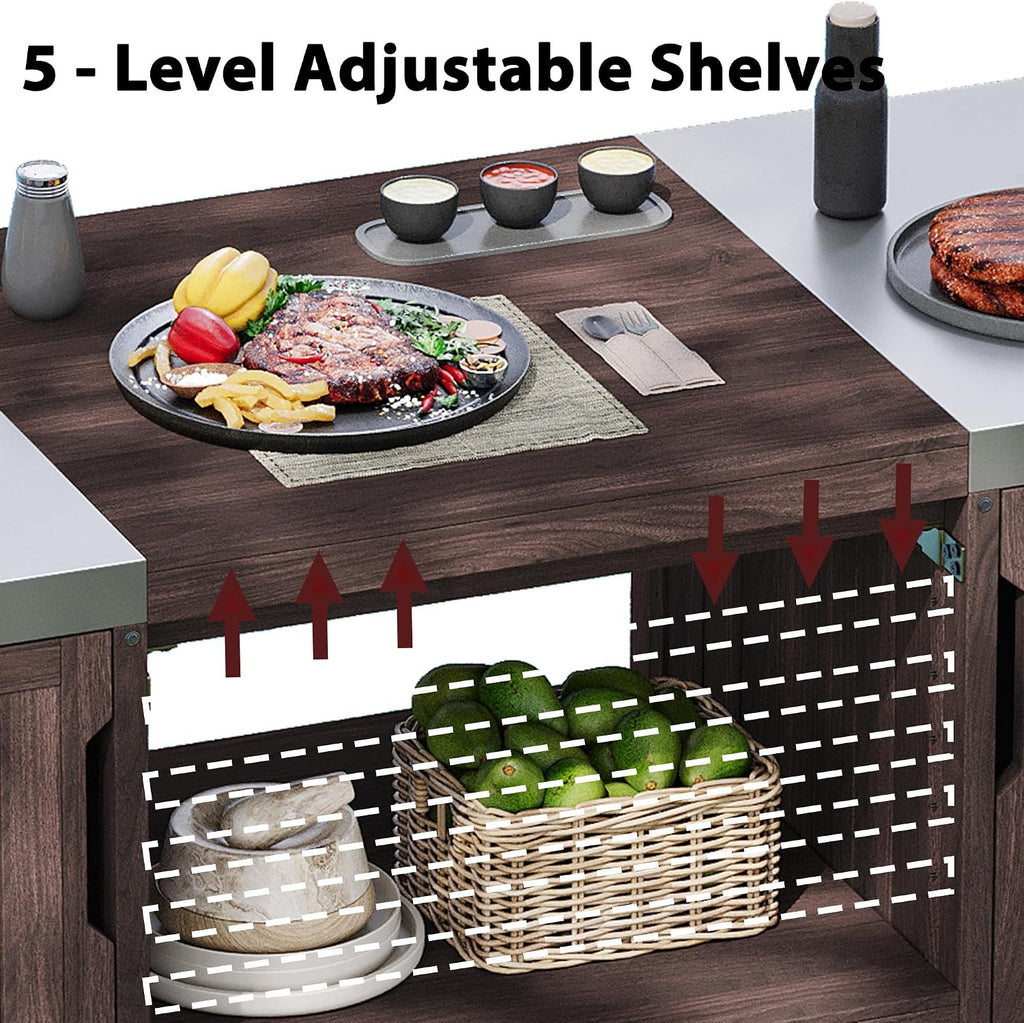 66.5' Large Outdoor Kitchen Island for Big Green Egg Grill, Outdoor Patio Bar Table with Stainless Steel Top and Adjustable Shelf, Rolling Grill Table Cart for Outside, Kitchen, BBQ, Dark Brown