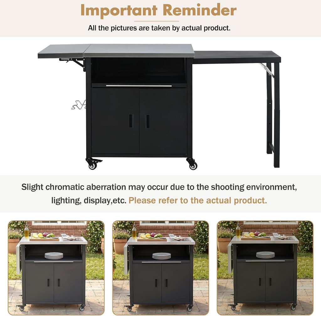 LUMISOL Grill Cart with Foldable Tabletop, Outdoor Foldable Kitchen Cart with Trash Rack, Portable Prep Station Patio Dining Cart with Storage Space and Open Drawer, for Patio Backyard, Black