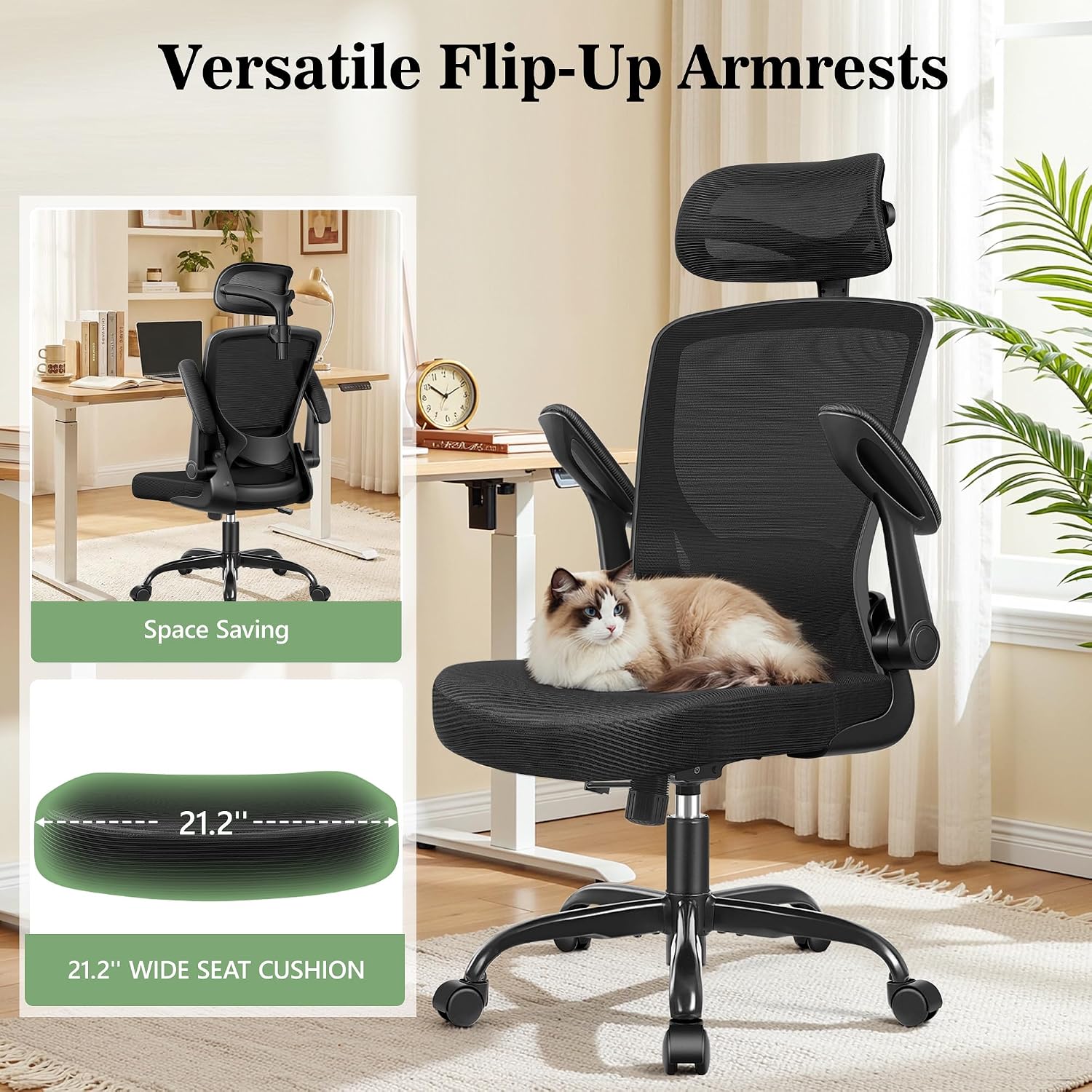 BESTFAIR Office Chair Ergonomic Desk Chair, Breathable Mesh Office Chairs with Adjustable Lumbar Support, Flip-Up Arms, Computer Desk Chair Comfy for Home Office, 4 Pack