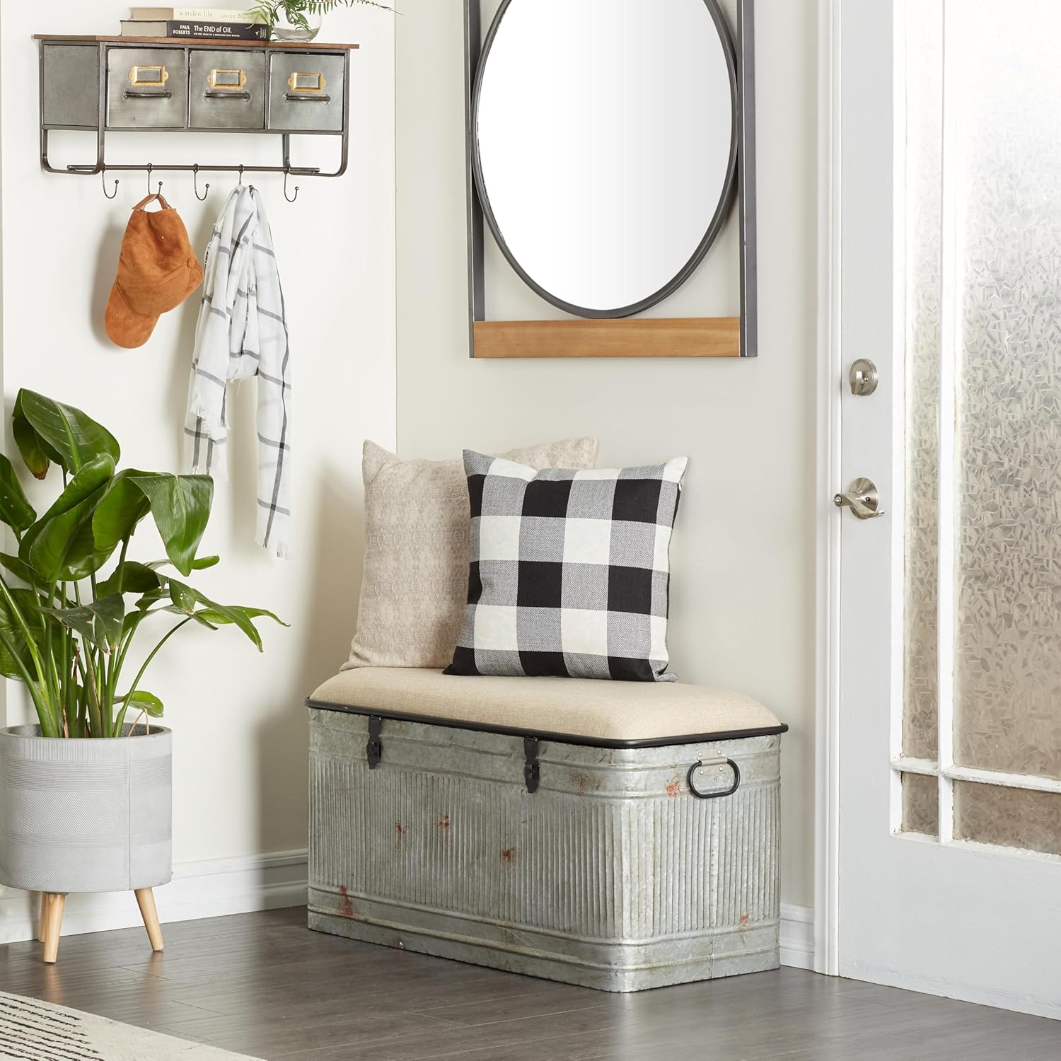 Deco 79 Metal Room Storage Bench Galvanized Entryway Bench with Cream Burlap Top and Black Latches, Bench 38' x 16' x 19', Gray