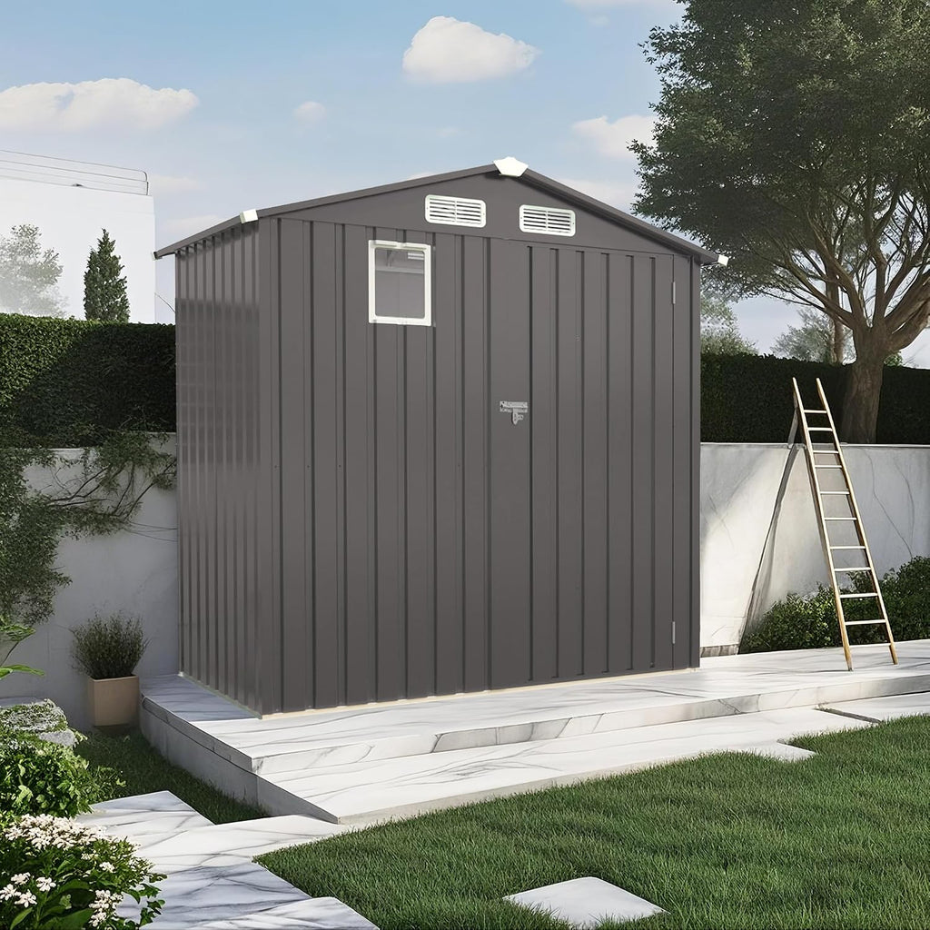 YOPTO 6X4 FT Metal Outdoor Storage Shed,Waterproof Tool Sheds with Pitched Roof and Positive Window,Backyard House Buildings w/Lockable Door & Vents,for Garden Sundries Sundries Bike,Gray