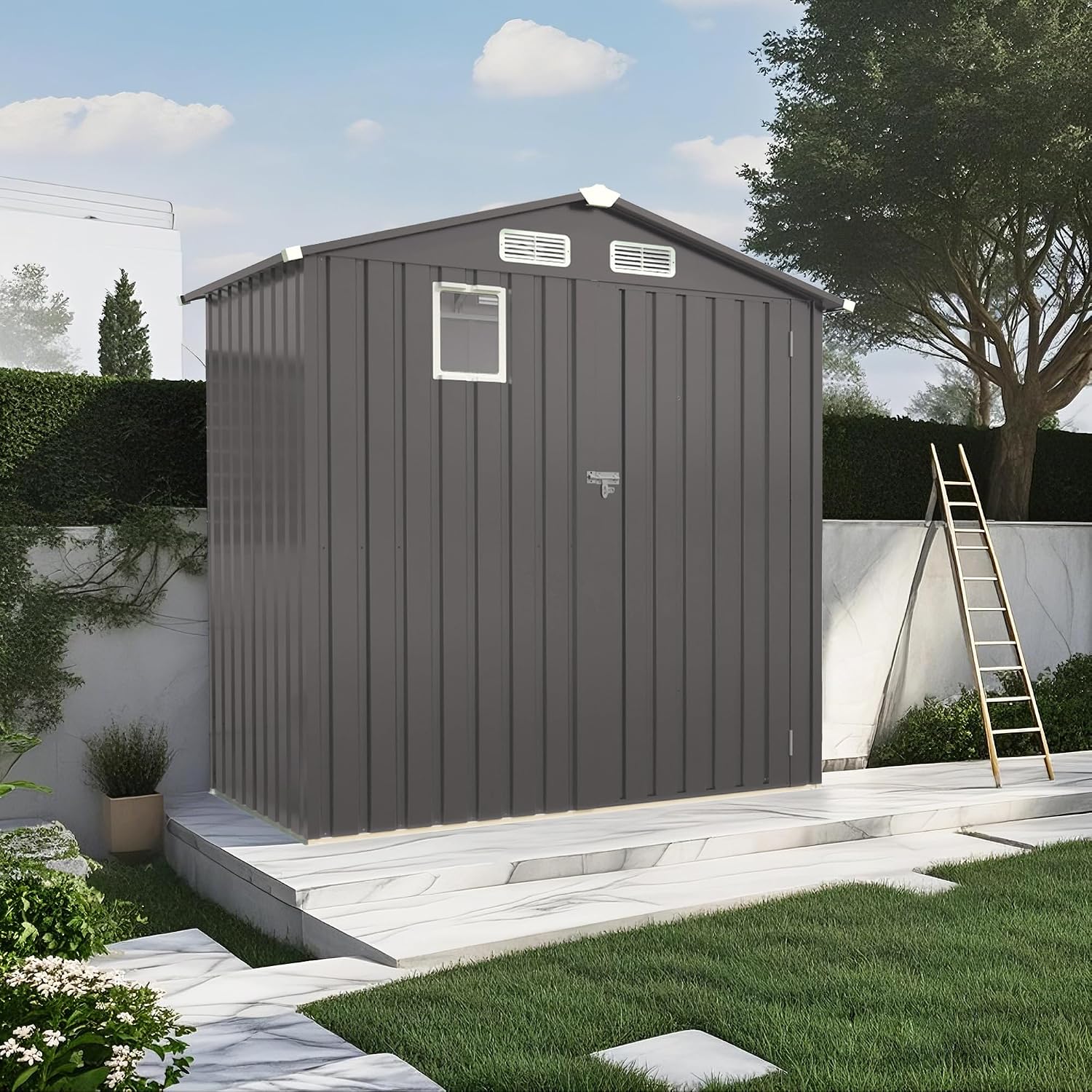 YOPTO 6X4 FT Metal Outdoor Storage Shed,Waterproof Tool Sheds with Pitched Roof and Positive Window,Backyard House Buildings w/Lockable Door & Vents,for Garden Sundries Sundries Bike,Gray