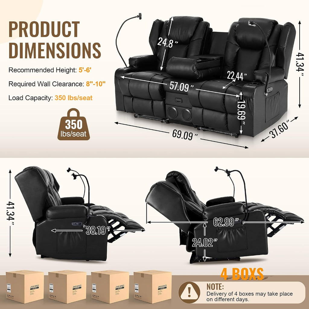 Power Recliner Loveseat for Living Room, Loveseat Sofa with Center Console, USB Type-C Port, Leather Chair with Massage and Heat, Speaker Oversized Recliner Chair for Home Theater (Black)
