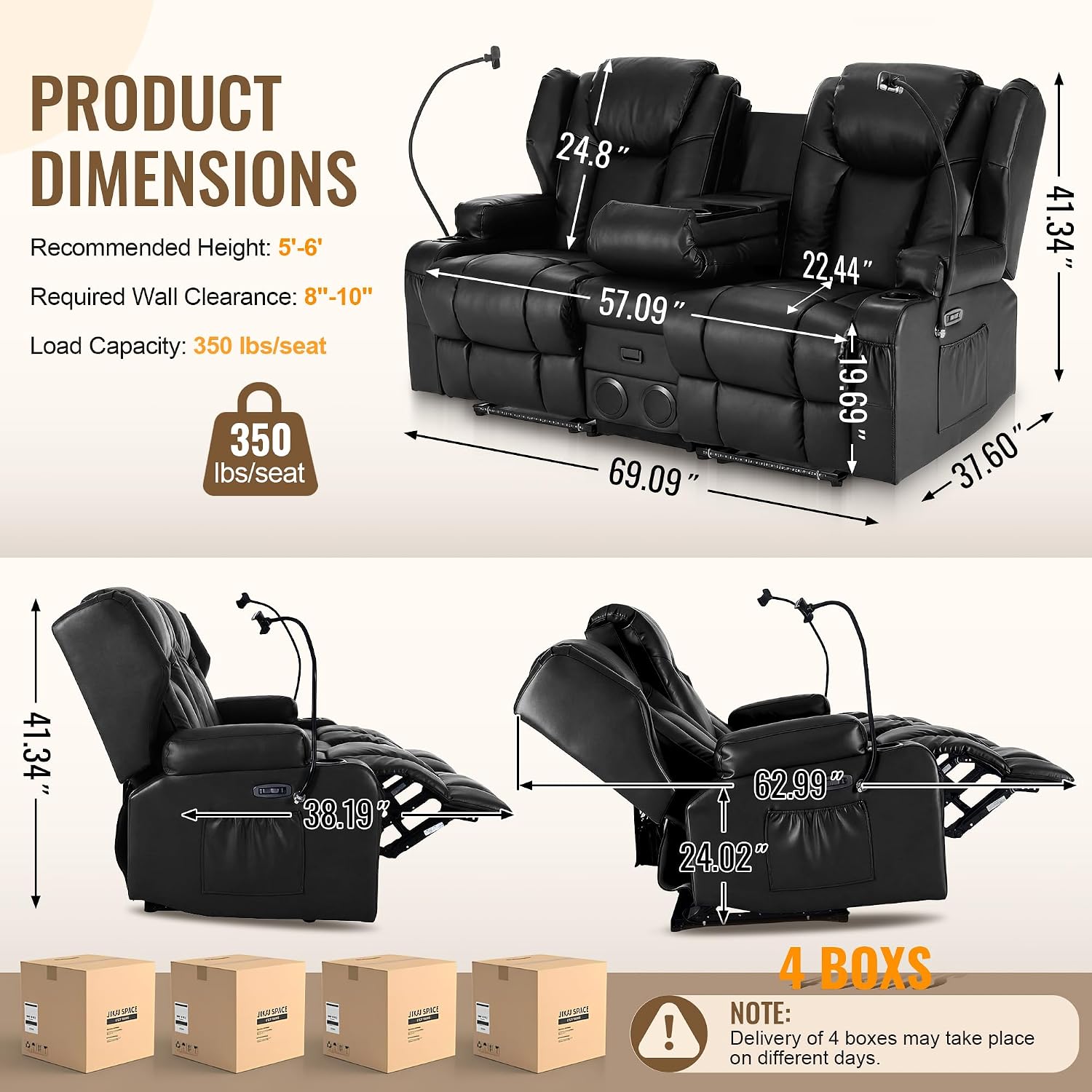 Power Recliner Loveseat for Living Room, Loveseat Sofa with Center Console, USB Type-C Port, Leather Chair with Massage and Heat, Speaker Oversized Recliner Chair for Home Theater (Black)