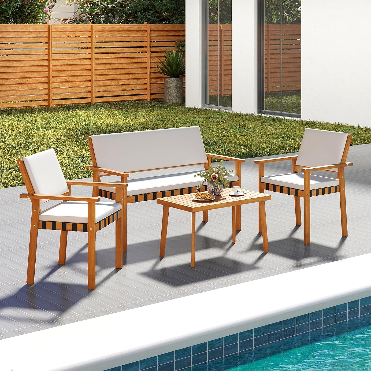 Tangkula 8 Pieces Wood Patio Furniture Set, Outdoor Acacia Wood Cuhioned Conversation Set with Coffee Table, for Backyard,Porch,Garden,Lawn