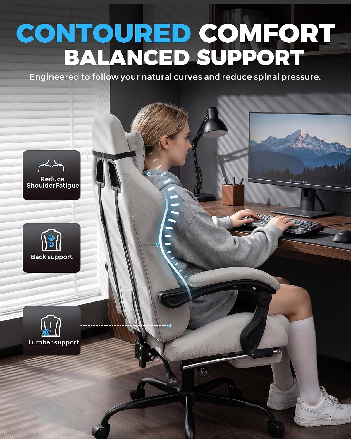 GTPLAYER Gaming Chair Fabric with Pocket Spring Cushion,Computer Office Chair with Lumbar Support for Adults Linkage Armrests and Footrest Ergonomic Gamings Chairs Height Adjustable LightGray