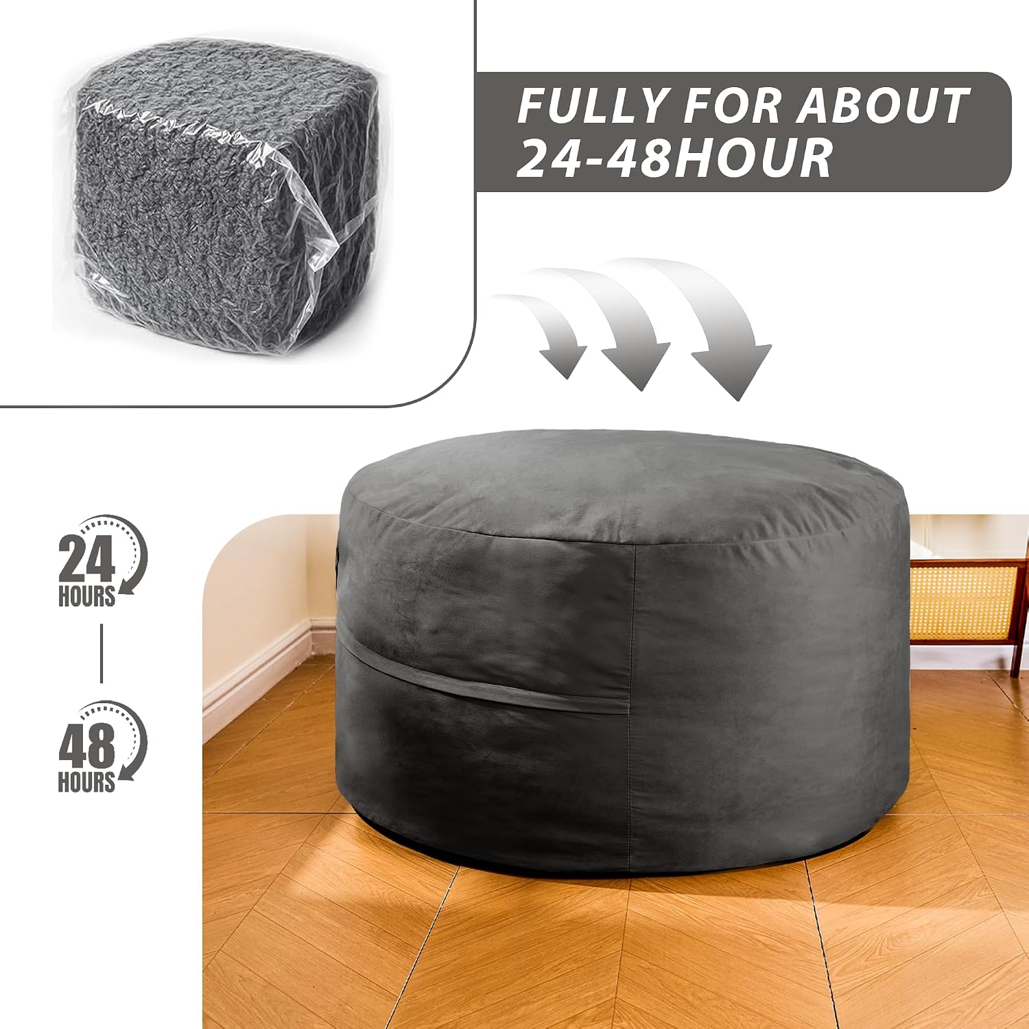 4FT Bean Bag Chair, Bean Bag Chairs for Adults and Kids, Fluffy and Comfy Bean Bag with Velvet Cover, Bean Bag with Memory Foam Filled for Gaming, Living Room, Playroom (Grey)