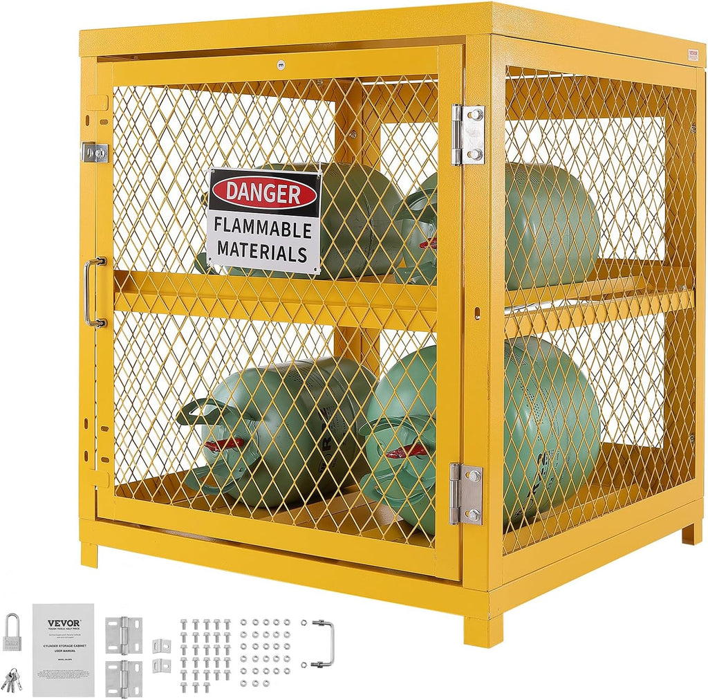 VEVOR Horizontal Cylinder Storage Cabinet, 4 x 33 lbs Cylinder Capacity, 31.02x30.04x35 inch Propane Storage Cage, Gas Cylinder Cabinet, Yellow Powder Coat Finish, for Freon, Gases, Oxygen, Nitrogen