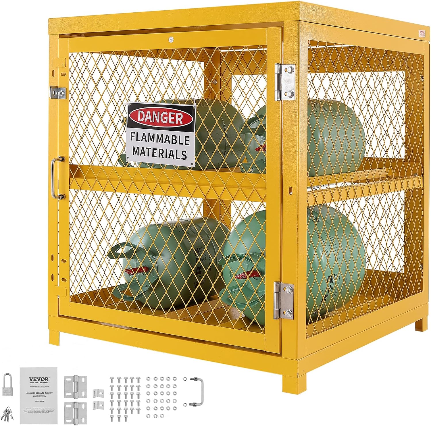 VEVOR Horizontal Cylinder Storage Cabinet, 4 x 33 lbs Cylinder Capacity, 31.02x30.04x35 inch Propane Storage Cage, Gas Cylinder Cabinet, Yellow Powder Coat Finish, for Freon, Gases, Oxygen, Nitrogen