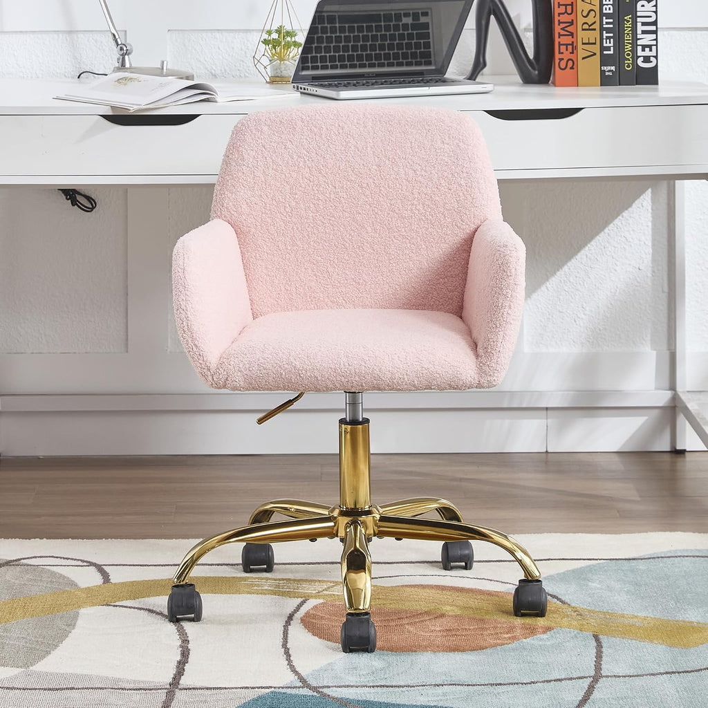 KCC Faux Fur Vanity Makeup Desk Chair, Comfy Fluffy Swivel Modern Leisure Armchair with Wheels, Upholstered Fuzzy Height Adjustable for Teens Women Girls Elegant Home Office, Pink