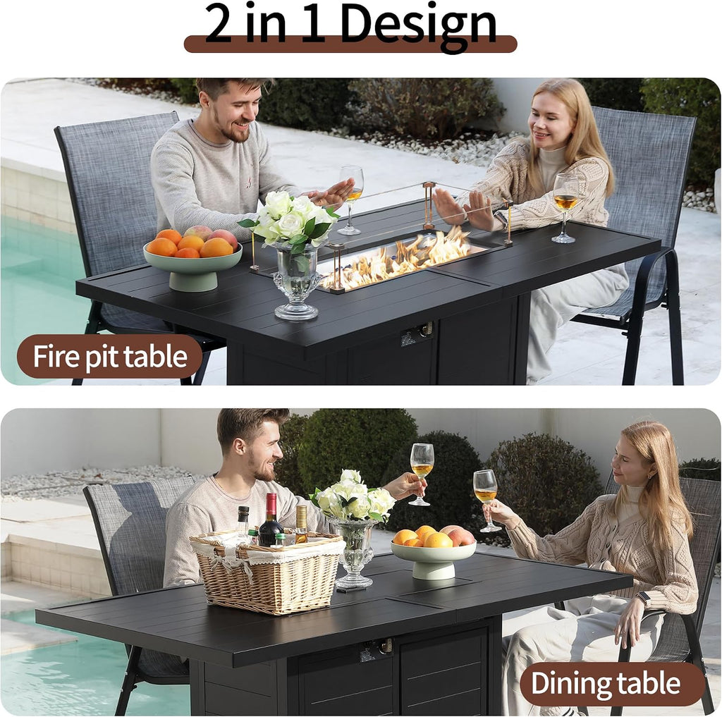 PIZZELLO 7 Pieces Patio Furniture Set w/ 60' Gas Fire Pit Table and 6 Patio Dining Chairs, Outdoor Conversation Set 50,000 BTU Aluminum Propane Fire Pit Stackable Patio Chairs Set of 6 for Backyard