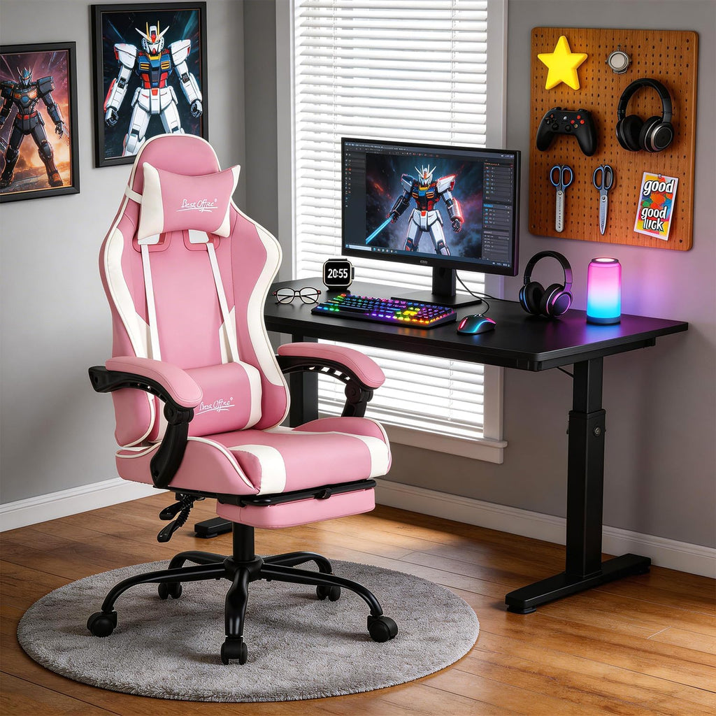 Gaming Chair Office Chair Desk Chair with Footrest Lumbar Support Headrest Armrest Task Rolling Swivel Ergonomic E-Sports Adjustable PC Gamer Chair(Pink)