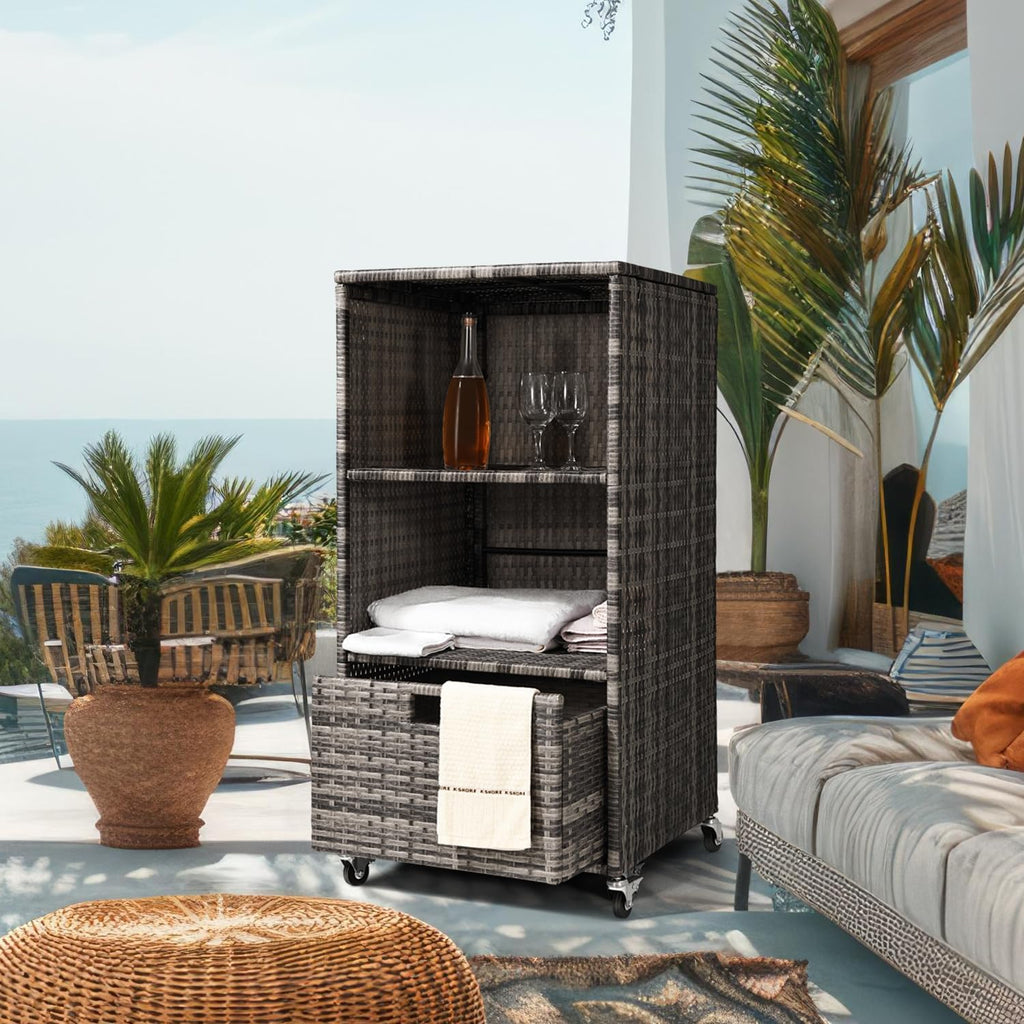 Outdoor Towel Rack for Pool Outdoor Pool Towel Storage Cabinet with Shelf & Drawer Pool Towel Hoder with Rolling Wheels Hot Tub Towel Rack W/Waterproof Cover Poolside Towels Valet Caddy for Spa Grey