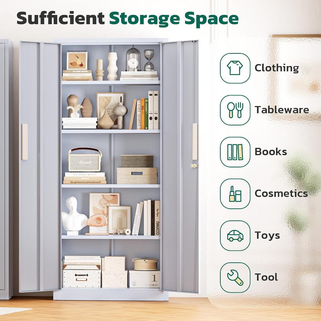 Greenvelly 63' H Metal Storage Cabinet Dark Grey, Locking Metal Cabinet, Store Tools, Clothes, Tableware and Toiletries, Garage Cabinets with Adjustable Shelves for Office, Home, Garage, Pantry