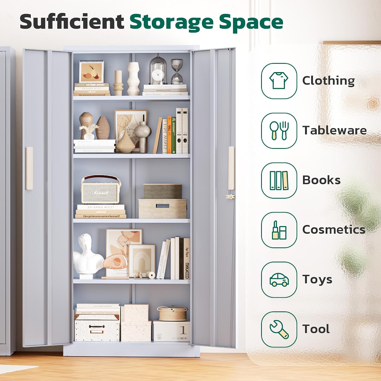 Greenvelly 63' H Metal Storage Cabinet Dark Grey, Locking Metal Cabinet, Store Tools, Clothes, Tableware and Toiletries, Garage Cabinets with Adjustable Shelves for Office, Home, Garage, Pantry