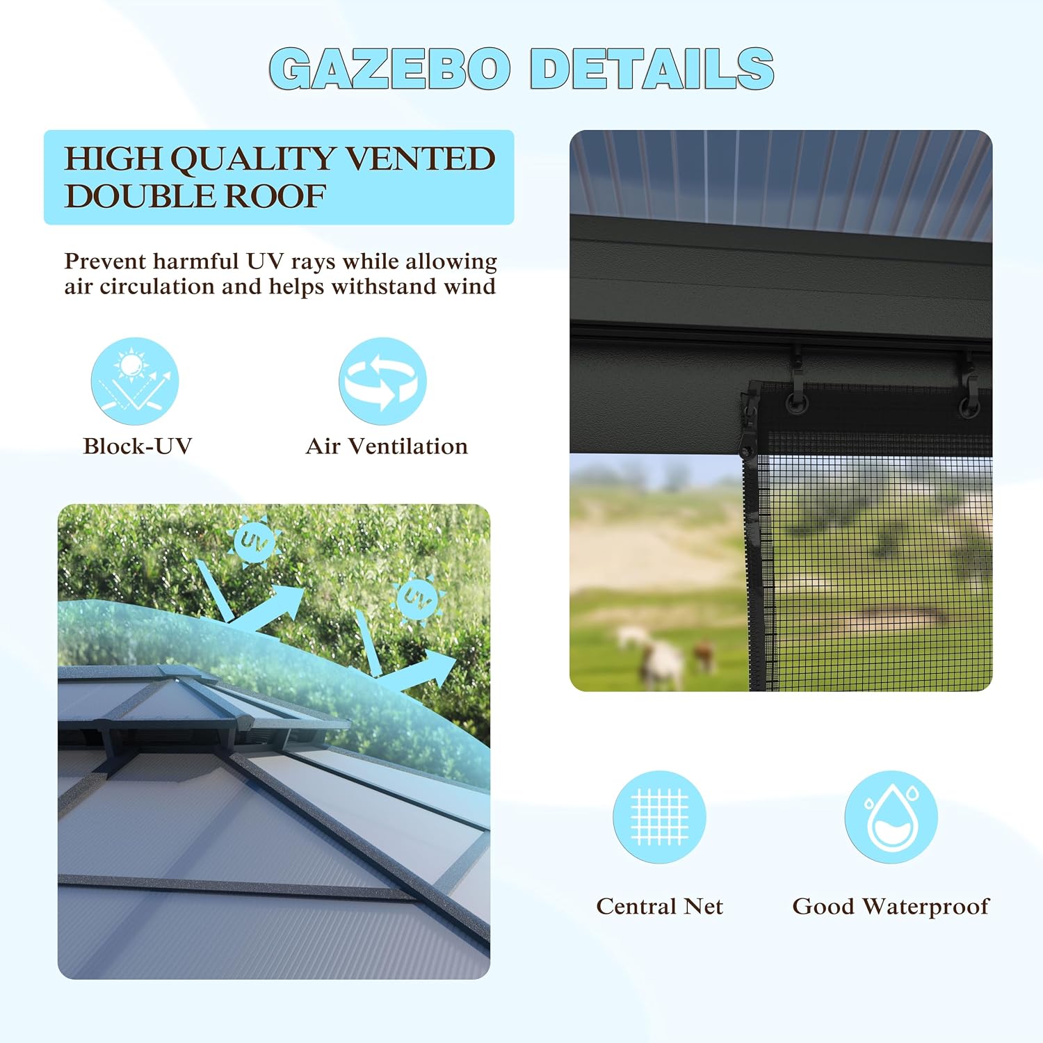MUPATER Gazebo,10x13 FT Polycarbonate Hardtop Gazebo with Aluminum Frame, Double Roof Patio Gazbeo, Permanent Outdoor Pavilion with Insect-Proof Netting for Patios, Deck, Lawns, Gardens and Pools