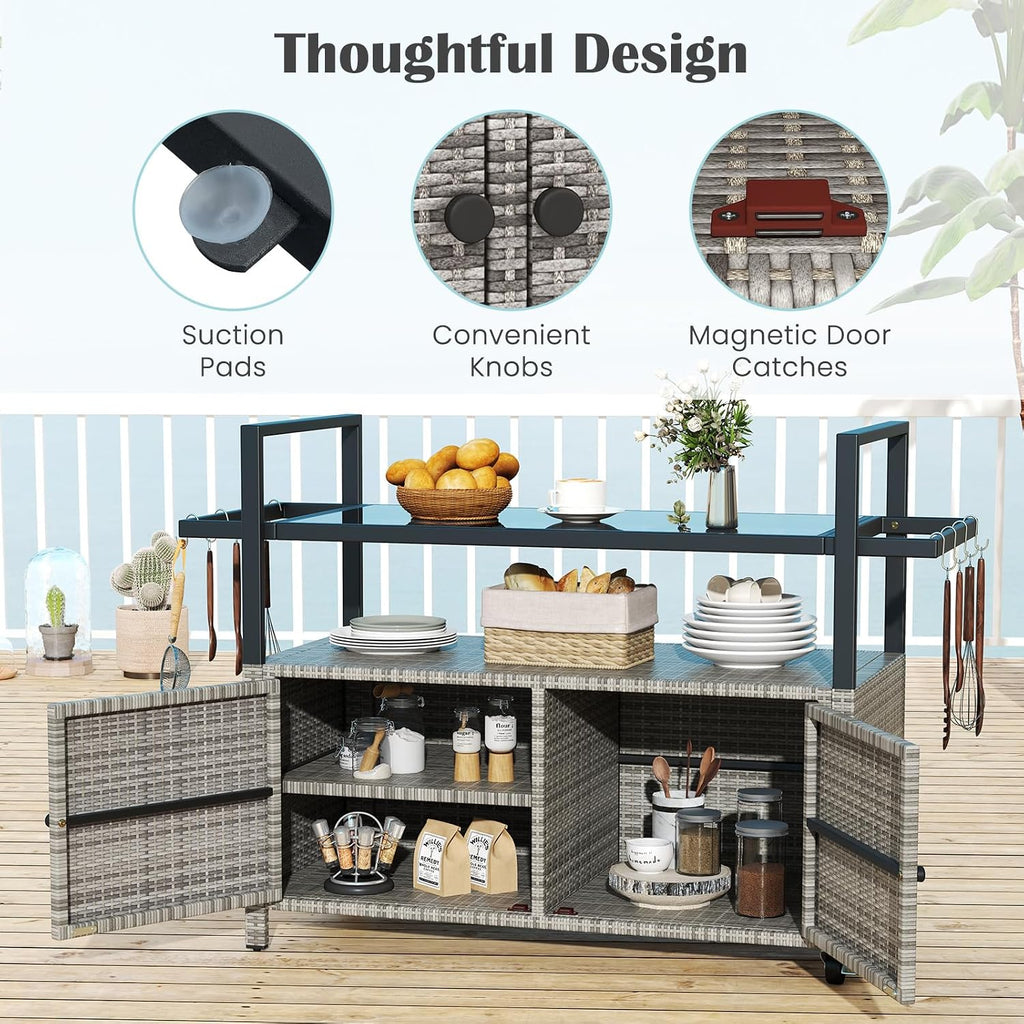 Tangkula Outdoor Bar Cart, Patiojoy Rolling Wicker Buffet Serving Cart with Tempered Glass Top, Storage Cabinet & 8 Hooks, Kitchen Island Cart on Wheels for Porch Backyard Garden Poolside (Mix Grey)