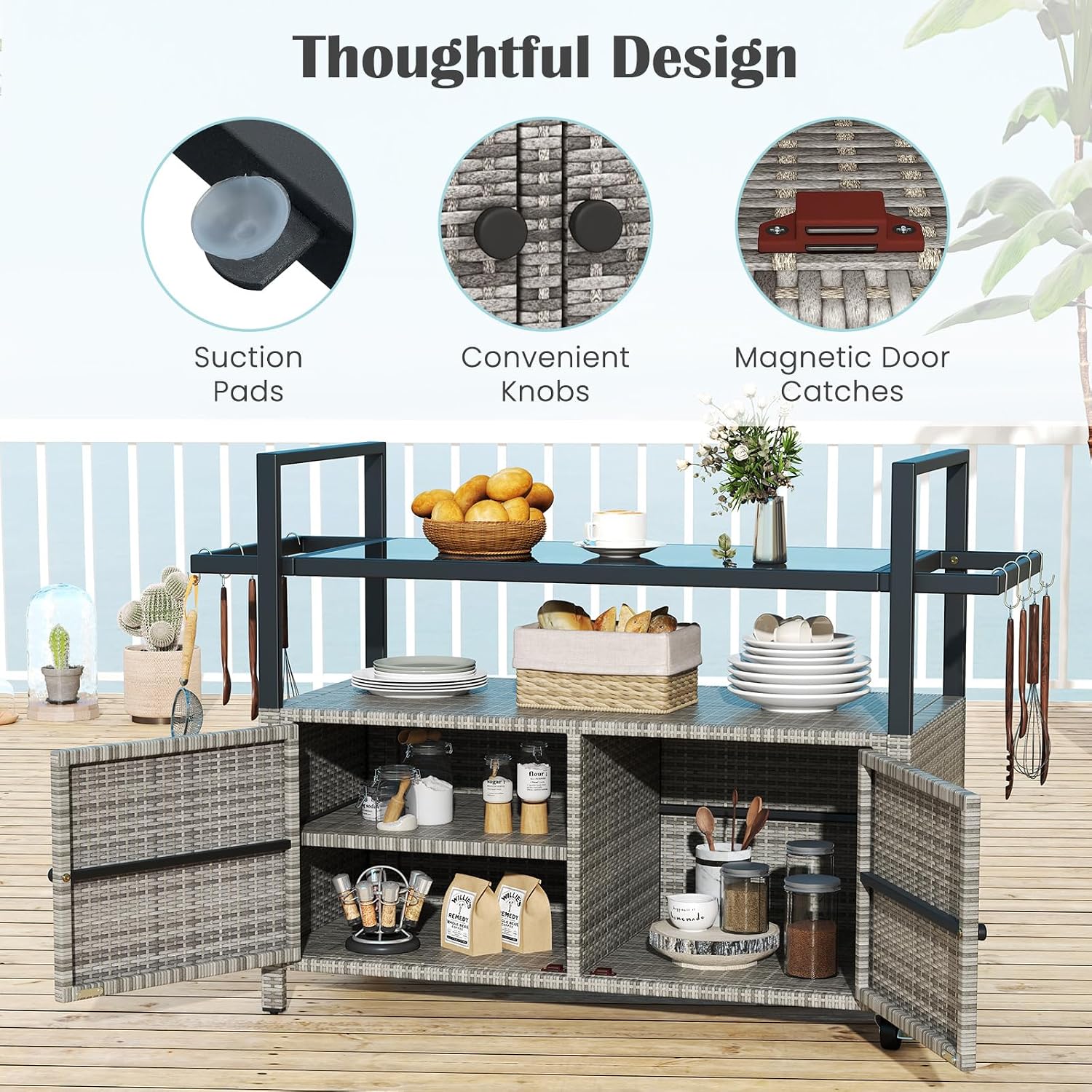Tangkula Outdoor Bar Cart, Patiojoy Rolling Wicker Buffet Serving Cart with Tempered Glass Top, Storage Cabinet & 8 Hooks, Kitchen Island Cart on Wheels for Porch Backyard Garden Poolside (Mix Grey)