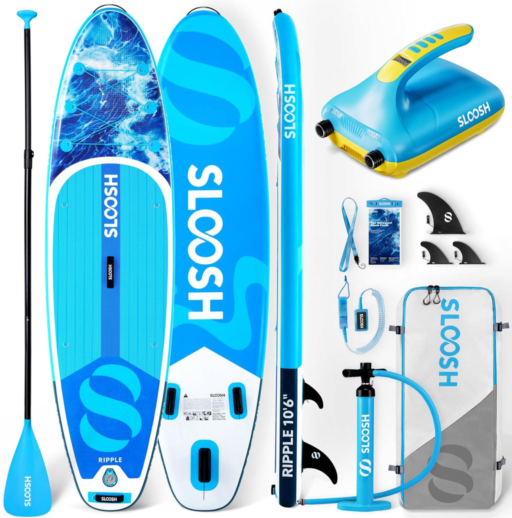 SLOOSH Inflatable SUP & Electric Pump Bundle – 10'6' Paddle Board with Premium Accessories, Non-Slip EVA Deck, 20 PSI Dual-Stage Pump for Fast Inflation, Perfect for Youth & Adults of All Skill Levels