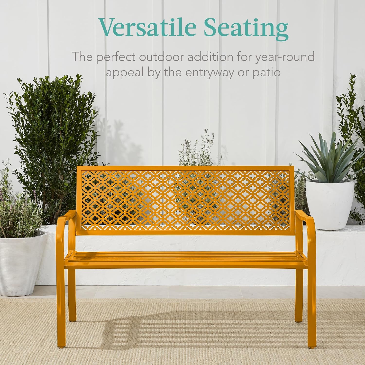 Best Choice Products Outdoor Bench 2-Person Metal Steel Benches Furniture for Garden, Patio, Porch, Entryway w/Geometric Backrest, 790lb Capacity - Marigold