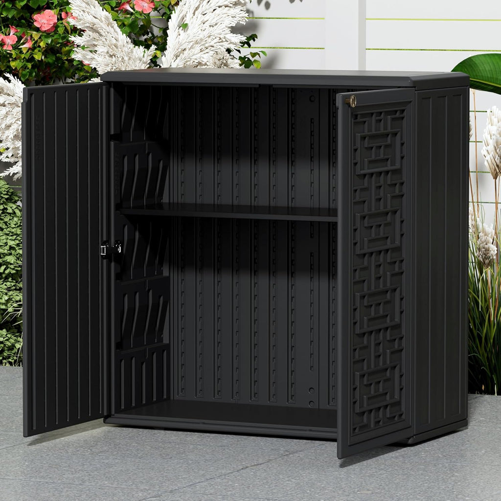 Mrosaa Indoor Outdoor Storage Cabinet Waterproof with Shelf,Plastic Storage Sheds Outdoor Cabinets for Patio/Garden/Backyard, Size 34.3''L*15''W*36.2''H（Black）