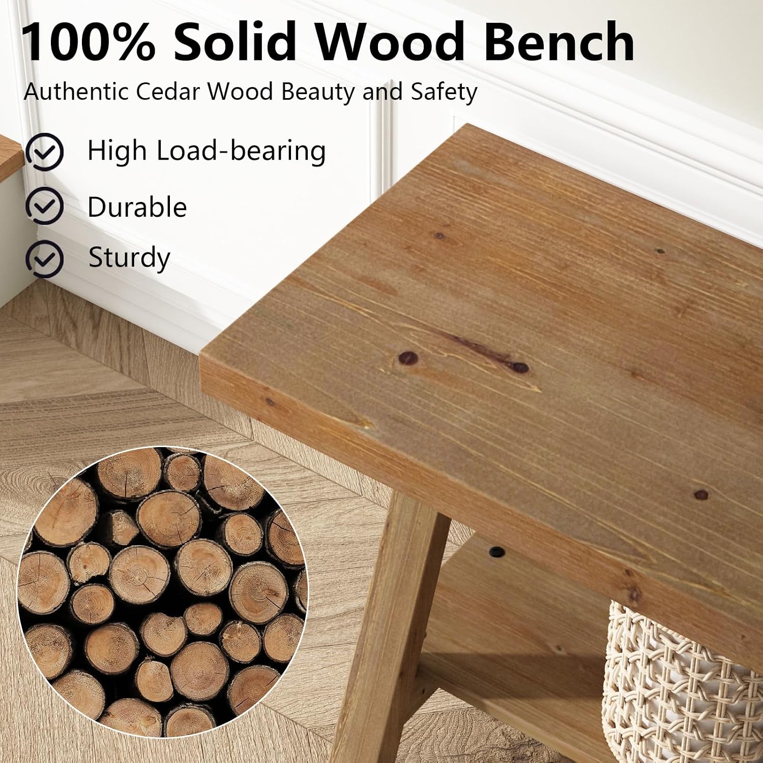 RowyPoey 54' Solid Wood Bench, Long Farmhouse Entryway Bench with Storage Shelf, Triangular Leg Design, Narrow Rustic Benches for Hallway, Bedroom, Dining, Kitchen, Easy Assembly