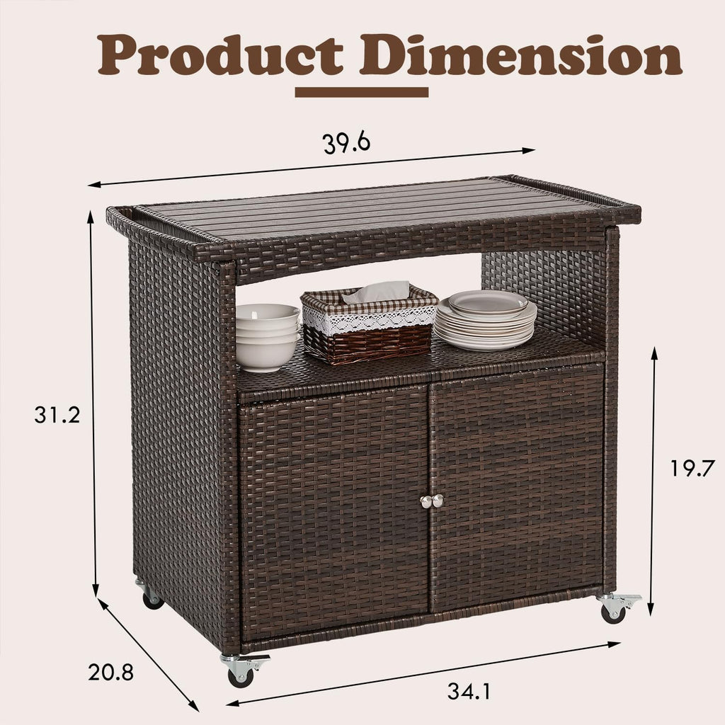 Outdoor Storage Cabinet,Outdoor Cabinet for Patio Bar Cart with Rolling Wheels Patio Bar Table with Storage Wicker Buffet Cabinets prep Table Kitchen Serving Cart with Door,Shelves,Handle Brown
