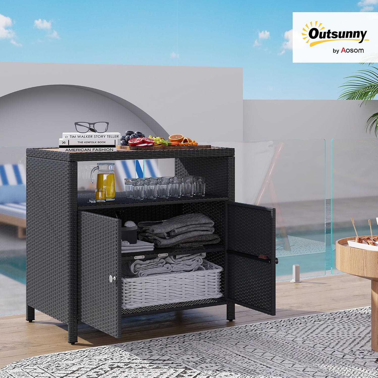 Outsunny Wicker Outdoor Storage Cabinet, Rattan Bar Table with Acacia Wood Countertop, 2 Doors and Shelf, Buffet Cabinet Sideboard for Poolside, Garden, Patio, Backyard, Black
