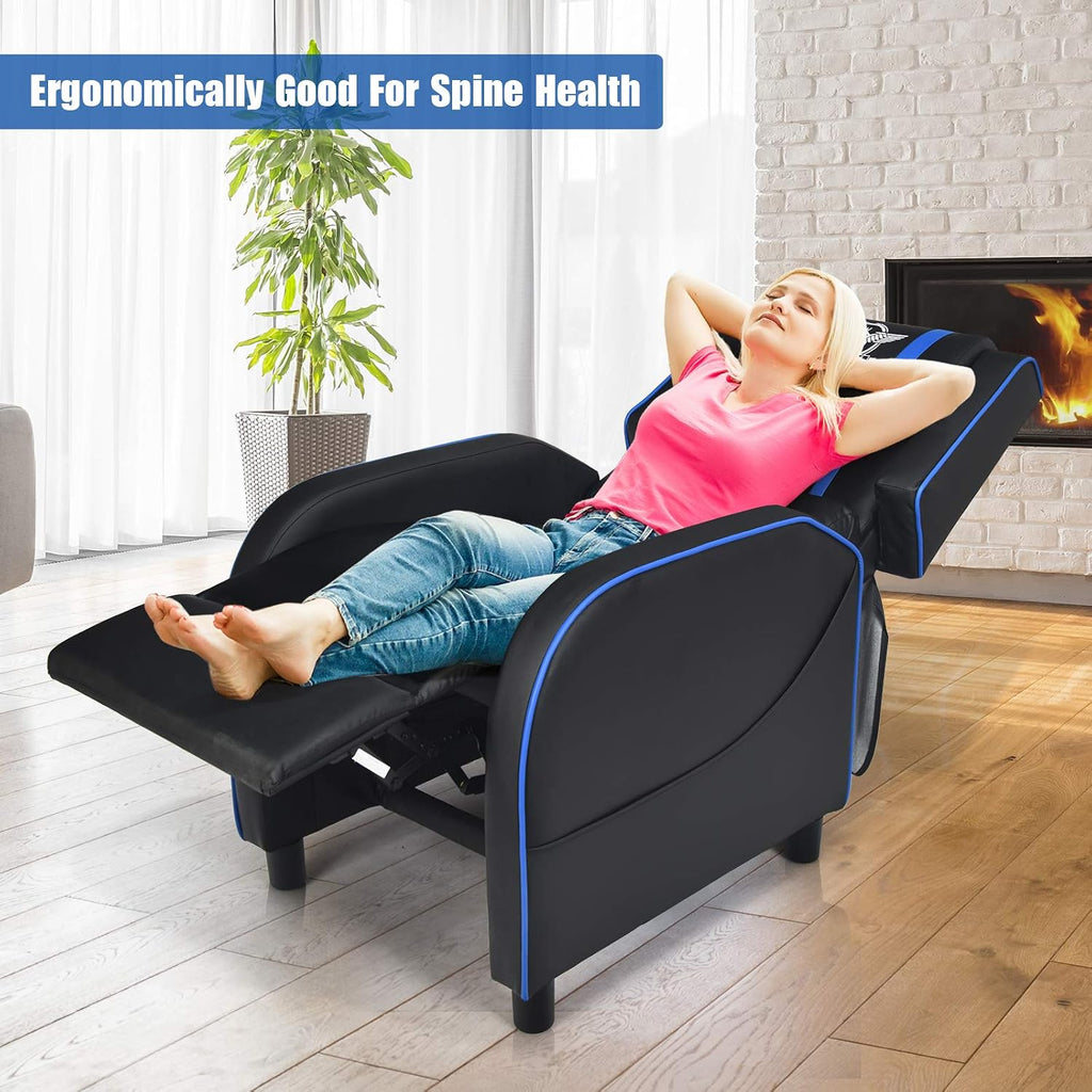 POWERSTONE Gaming Recliner Chair, Reclining Gaming Chairs for Adults Ergonomic Leather Sofa with Footrest Lumbar Support Headrest and Side Pouch for Living Room Home Theater, Blue